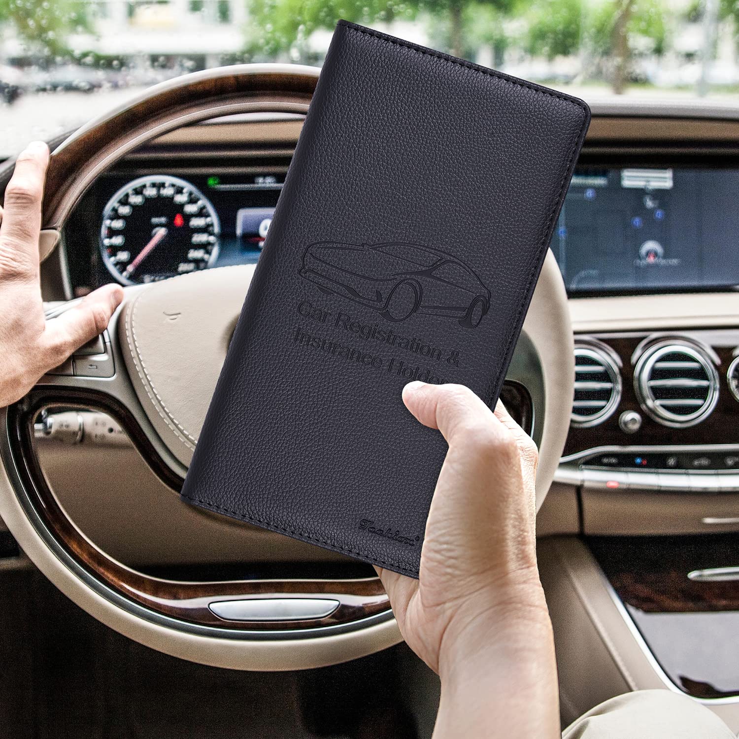 Techion PU Leather Car Insurance and Registration Holder, 9.5x5 Inch Glove Box Organizer Wallet Case - Black