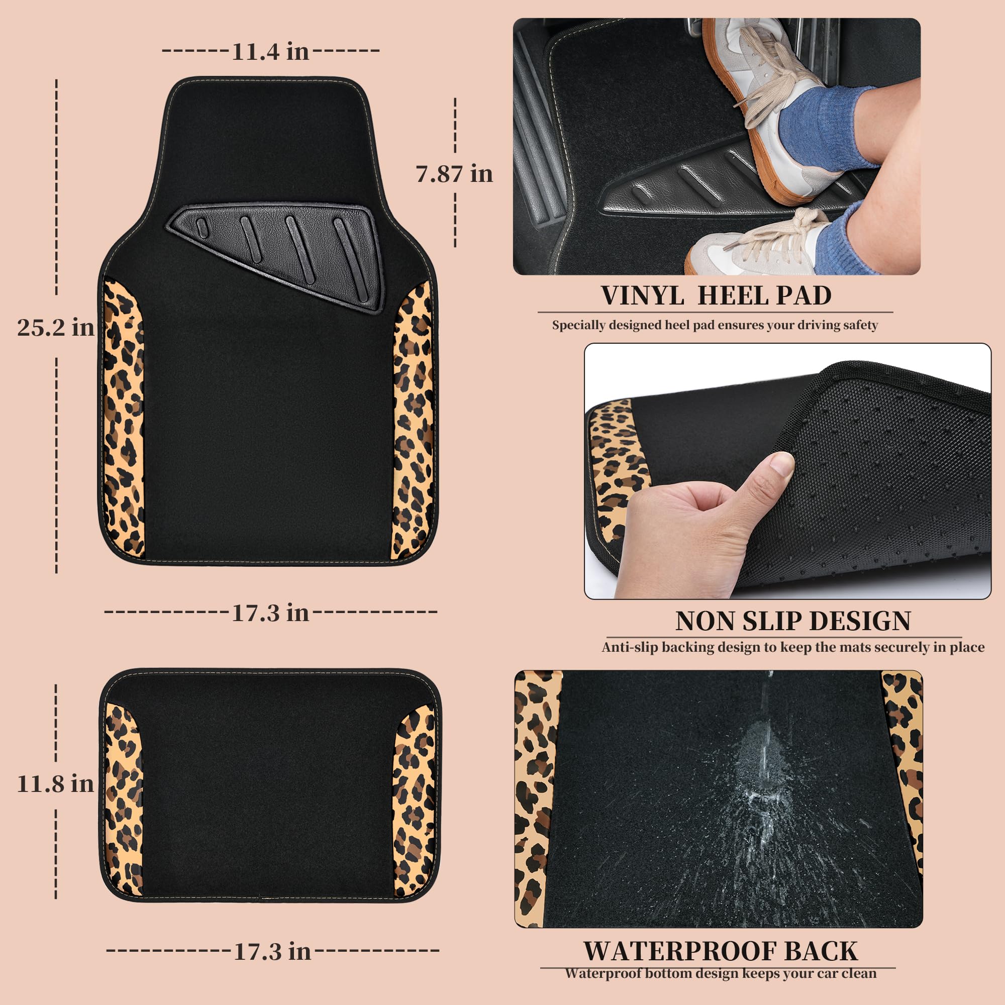 Car Pass Waterproof Universal Fit Car Floor Mats, Leopard Print Car Mats Fit For Suv,Vans,Sedans, Trucks,Set Of 4Pcs Car Carpet