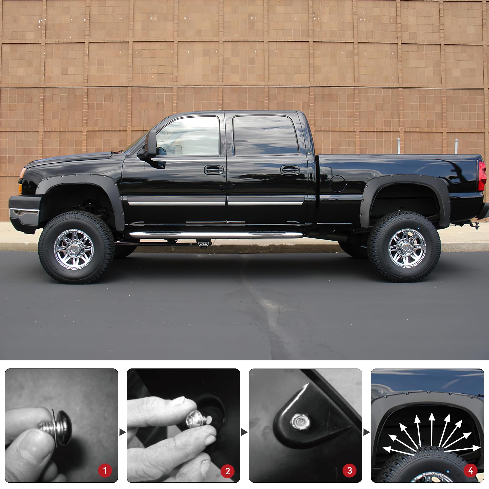 Ledkingdomus Front Rear Fender Flares Kit Compatible For 1999-2006 Chevy Silverado/Gmc Sierra 1500 2500Hd 3500Hd (Incl. 2007 Classic Models), Smooth Black Wheel Well Cover Guards Pocket Rivet Style