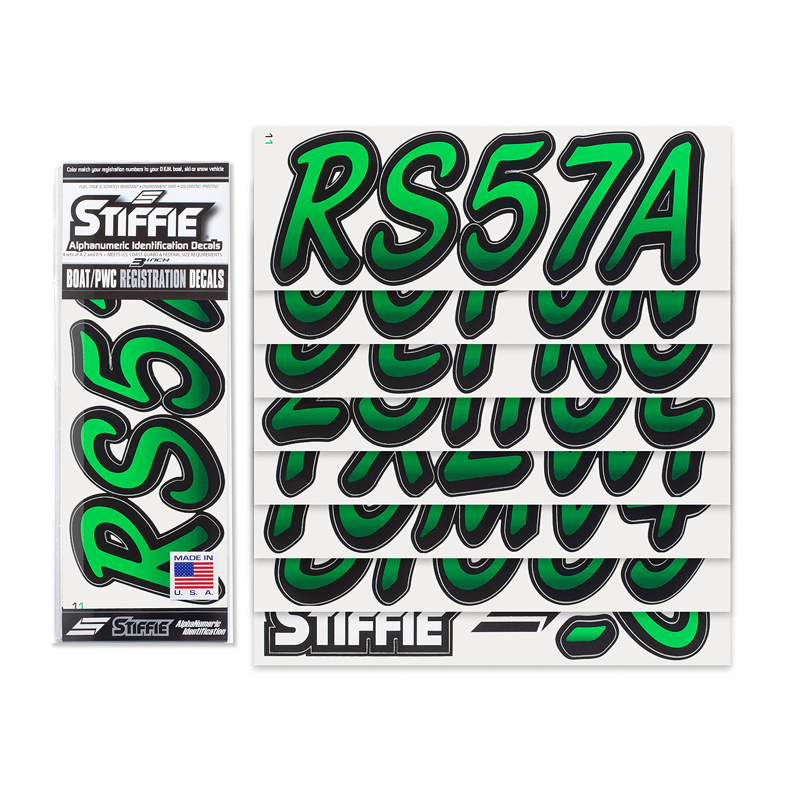 Stiffie Whipline Green/Black 3'' Boat & Pwc Registration Decals  Numbers Letters Stickers