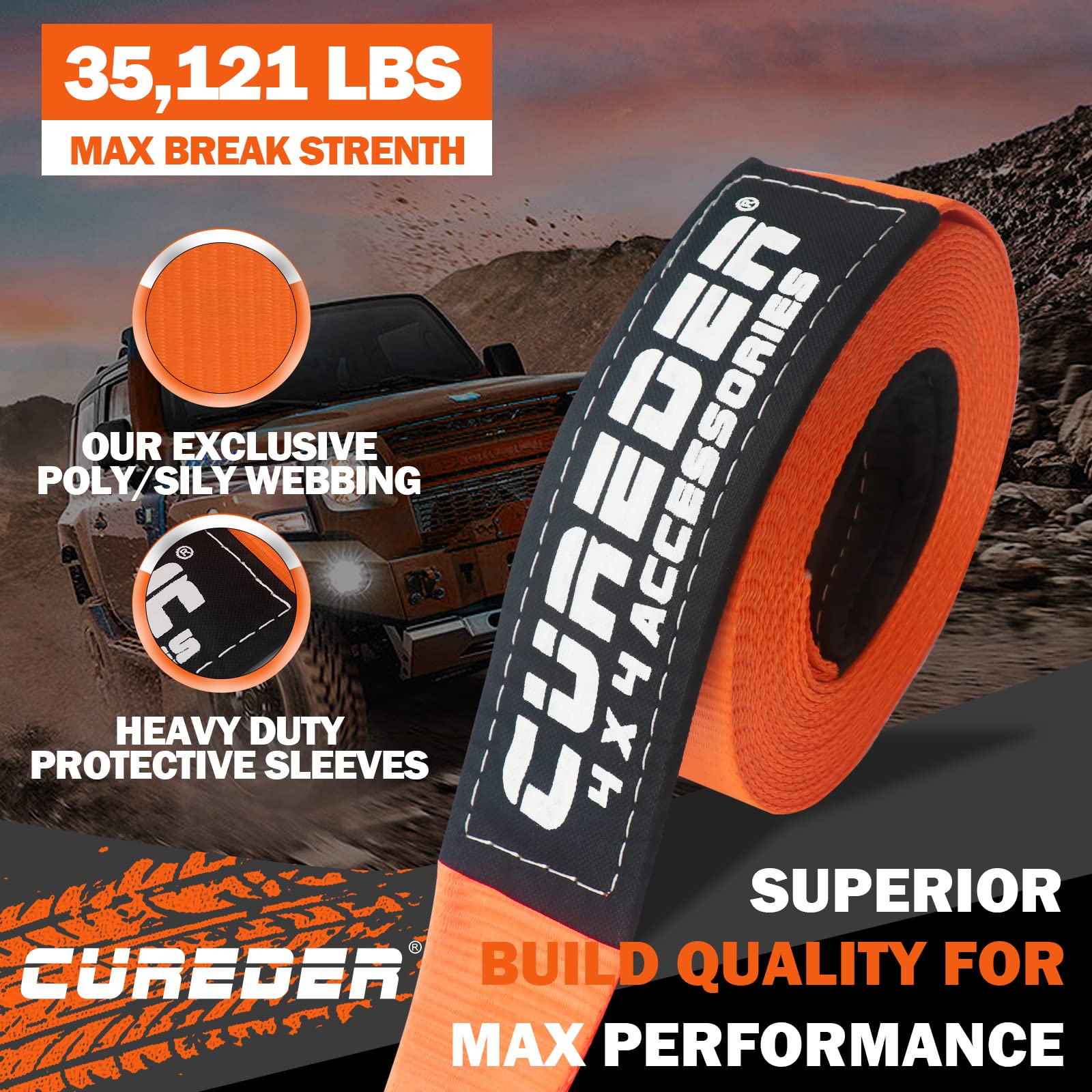 Cureder Tow Strap - 3'' x 20ft Recovery Strap,Lab Tested 35,121 lb Break Strength Snatch Strap, Suitable for Emergency Off-Road