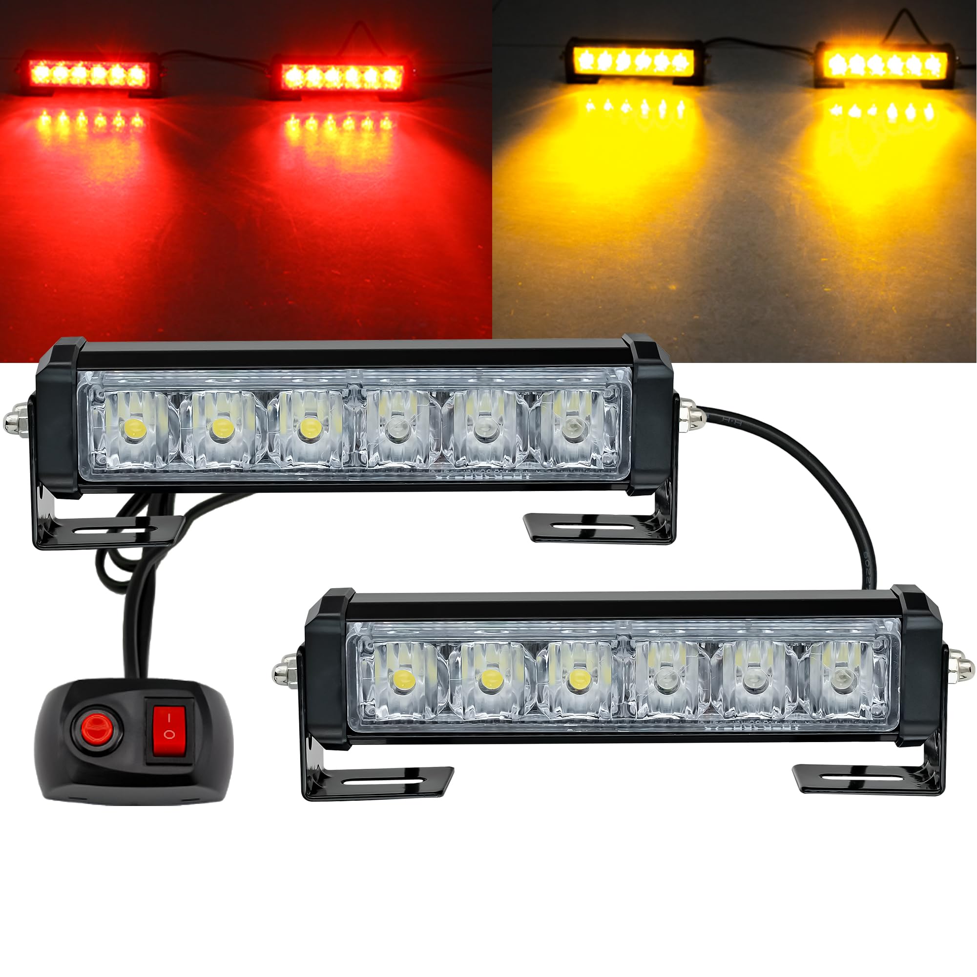 Led Emergency Strobe Lights Bar 2Pcs Red Yellow Double Color Warning Police Grille Lights Bar Surface Mount Fit For Motorcycle P