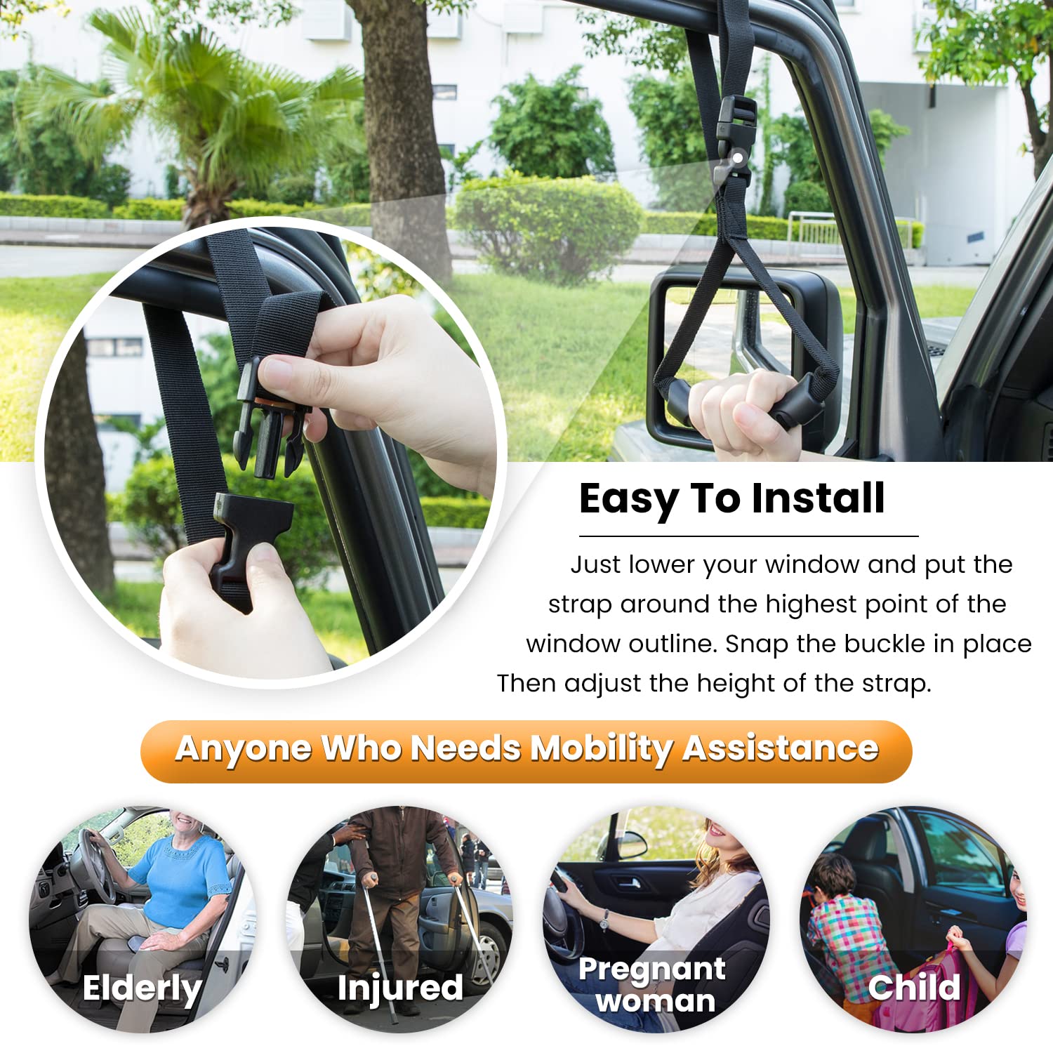 E-Cowlboy Auto Cane Grab Handle Adjustable Standing Aid Safety Handle Portable Vehicle Support Grab Bar Nylon Grip Handle Mobility Assist Device (Black)