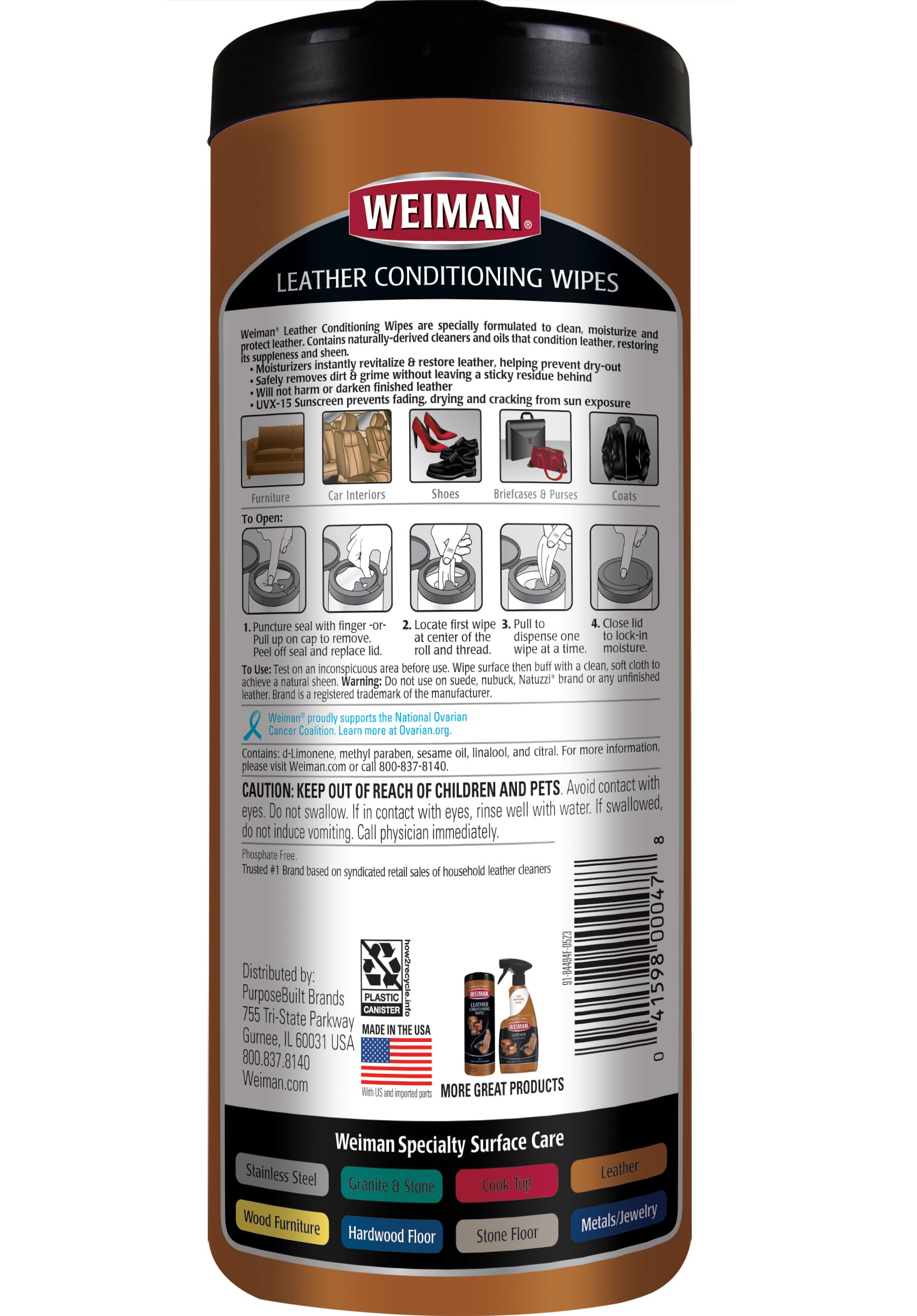 Weiman Leather Cleaner & Conditioner Wipes With UV Protection, Prevent Cracking Or Fading Of Leather Couches, Car Seats, Shoes,