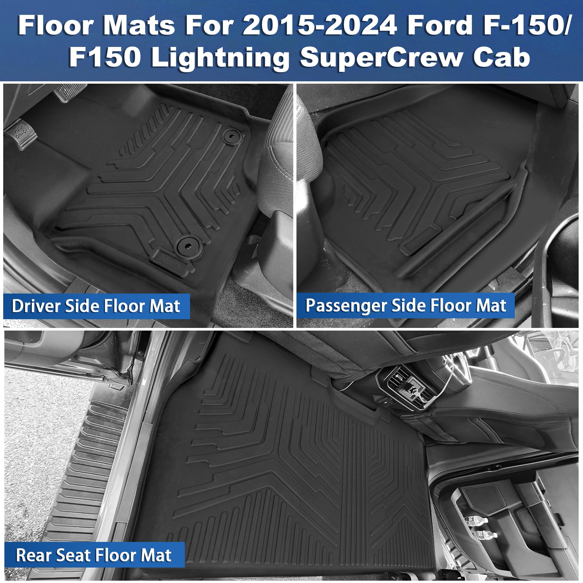 Weize Floor Mats Cargo Liner For Ford F150 Supercrew Cab 2015-2024 2025/2022-2025 F-150 Lightning Front & 2Nd Row All Weather Tp
