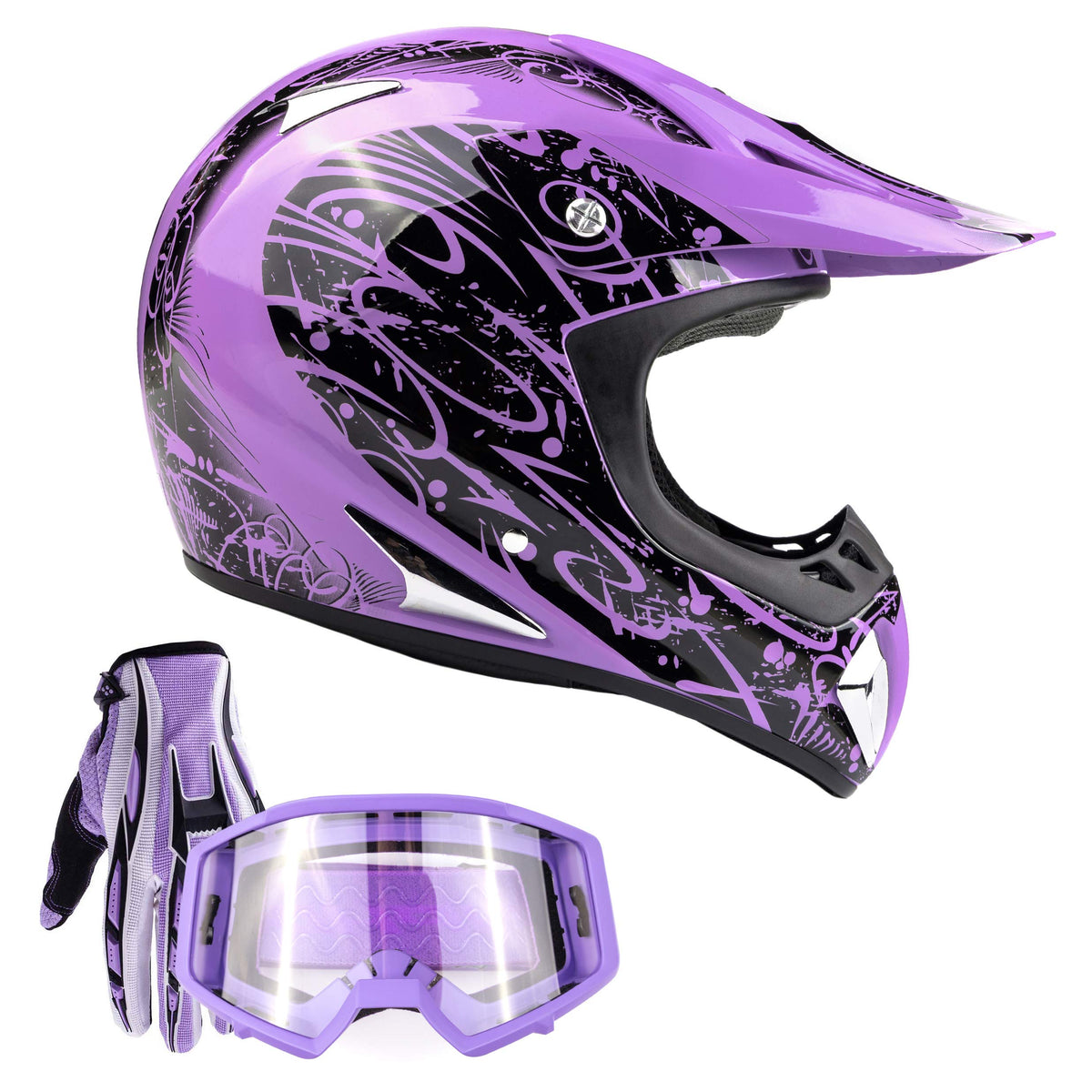Typhoon Adult Atv Helmet Goggles Gloves Gear Combo Purple ( Small )