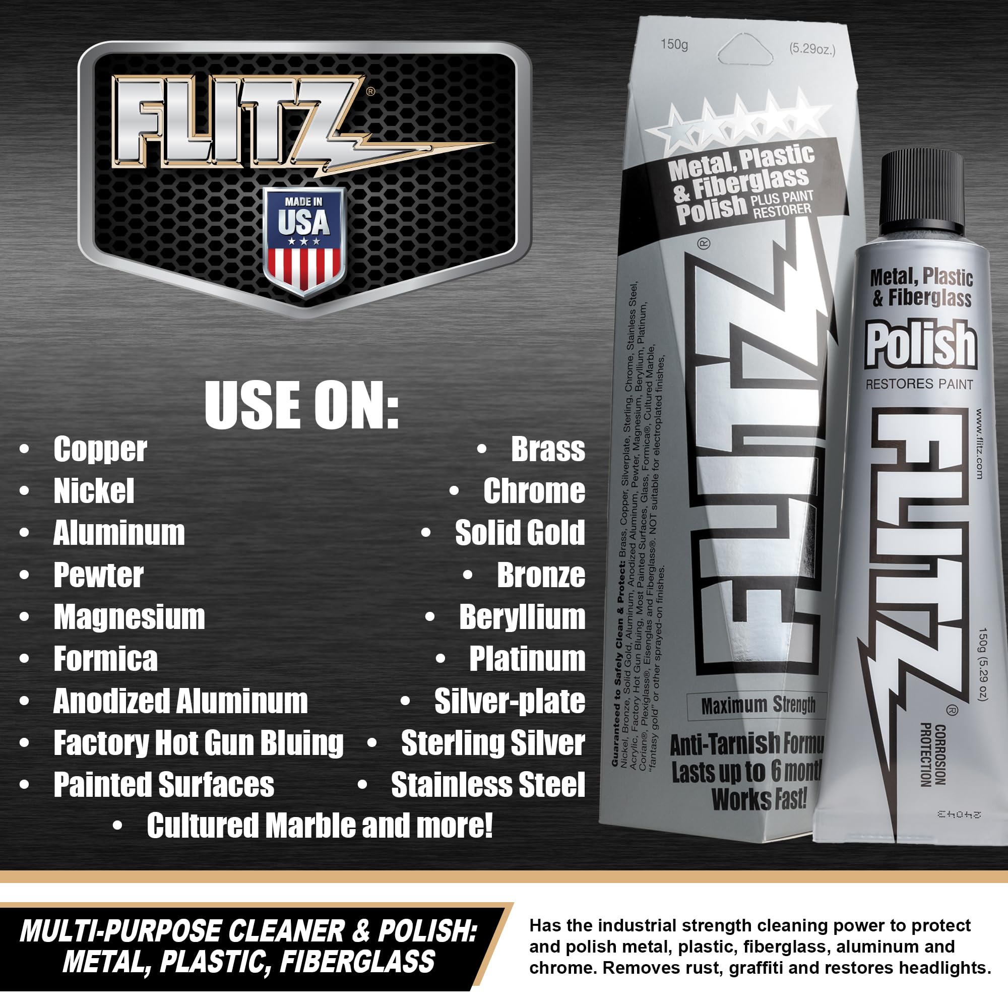 Flitz Metal Polish And Cleaner Paste, Also Works On Plastic, Fiberglass, Aluminum, Jewelry, Sterling Silver - Headlight Restorat