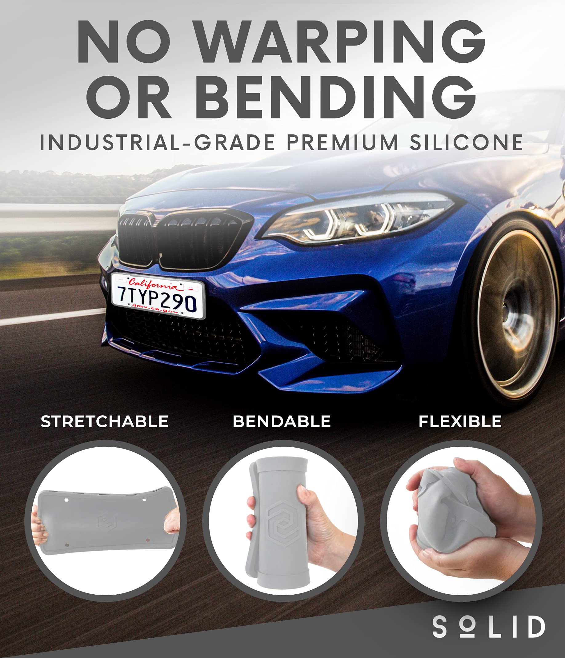 Solid Silicone License Plate Frame Covers 2 Pack - Rust-Proof, Weather-Proof, Grey, Model 851290007527