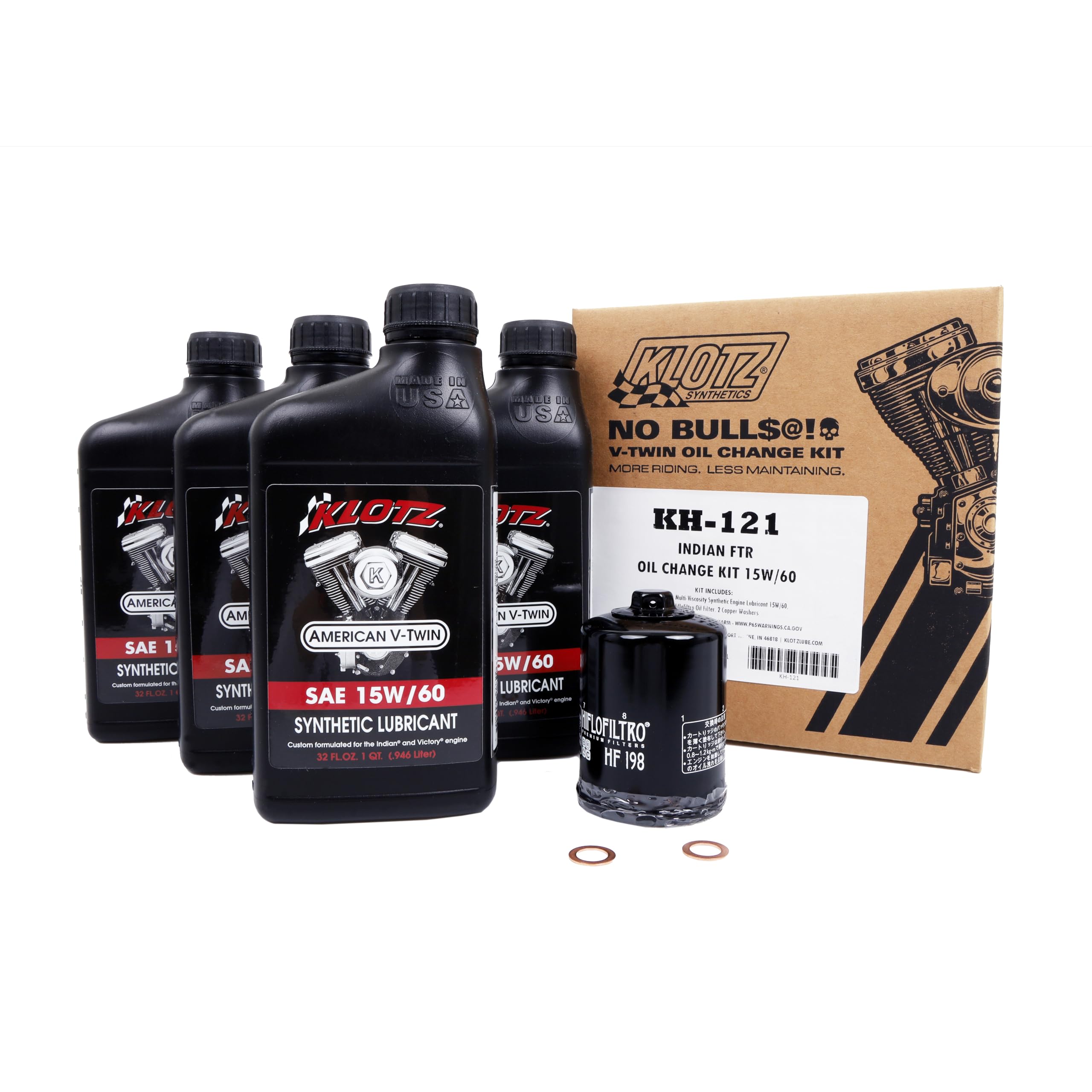Klotz 15W-60 Synthetic Oil Change Kit for Indian FTR V-Twin Motorcycle (4 Quarts), 1 Filter, 2 Washers - KH-121
