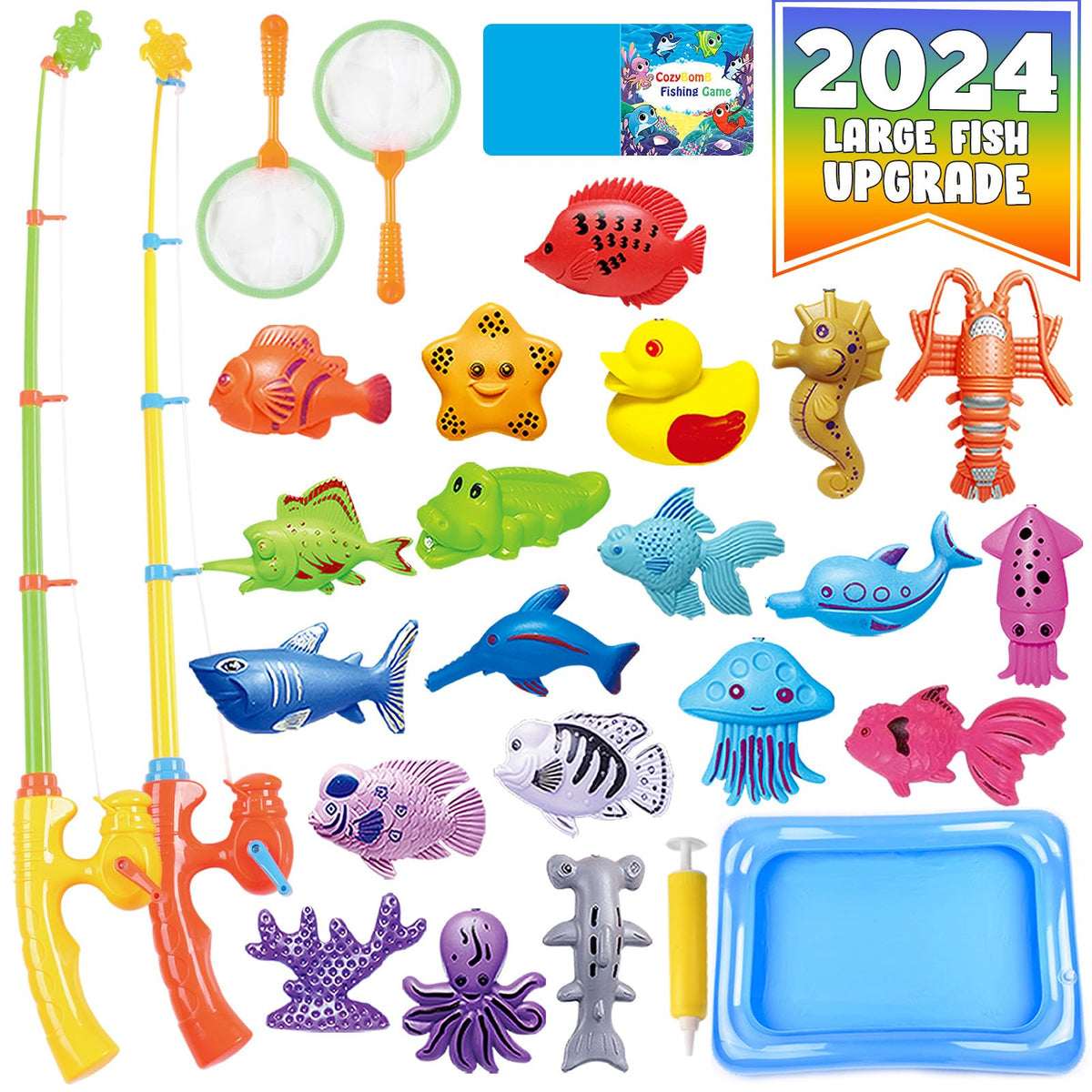 Cozybomb Kids Pool Fishing Toys Games | Summer Magnetic Floating Toy Magnet Pole Rod Fish Net Water Table Bathtub Bath Game, Lea