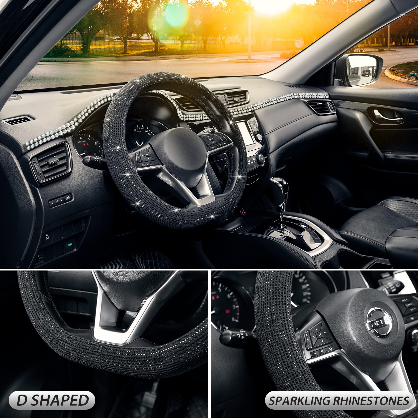 Seg Direct Diamond Flat Bottom Steering Wheel Cover, D Shaped Car Wheel Cover 14 1/2-15 In. (37-39 Cm), Bling Sparkly Rhinestone