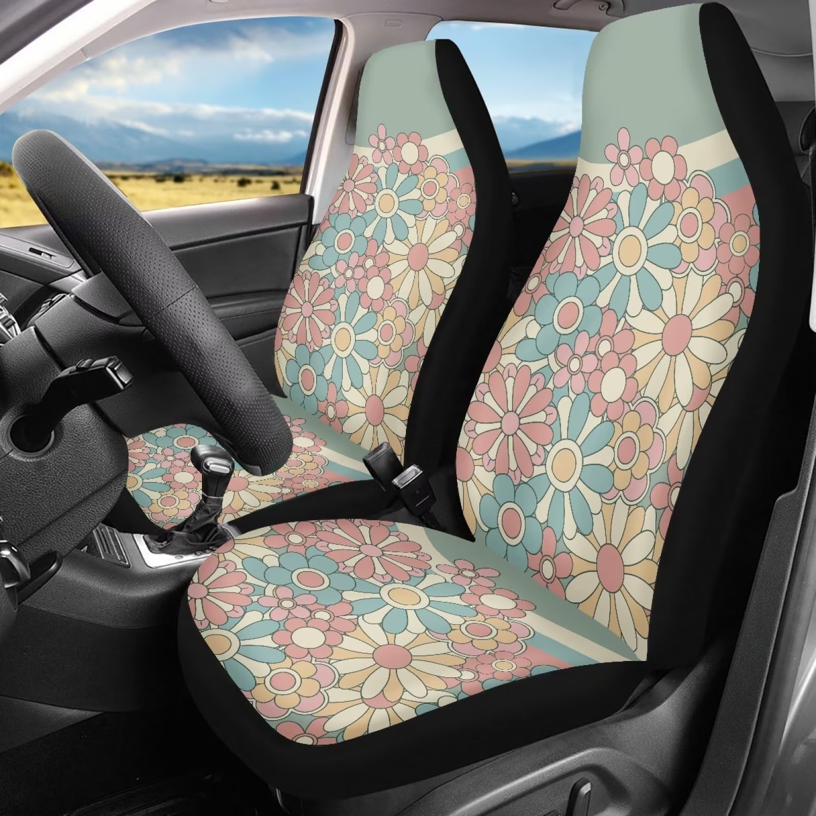 Fuibeng Abstract 70S Groovy Flower Auto Seat Cover Set For Women,Green Swirl Wavy Auto Front Seat Cushion Protective Accessories