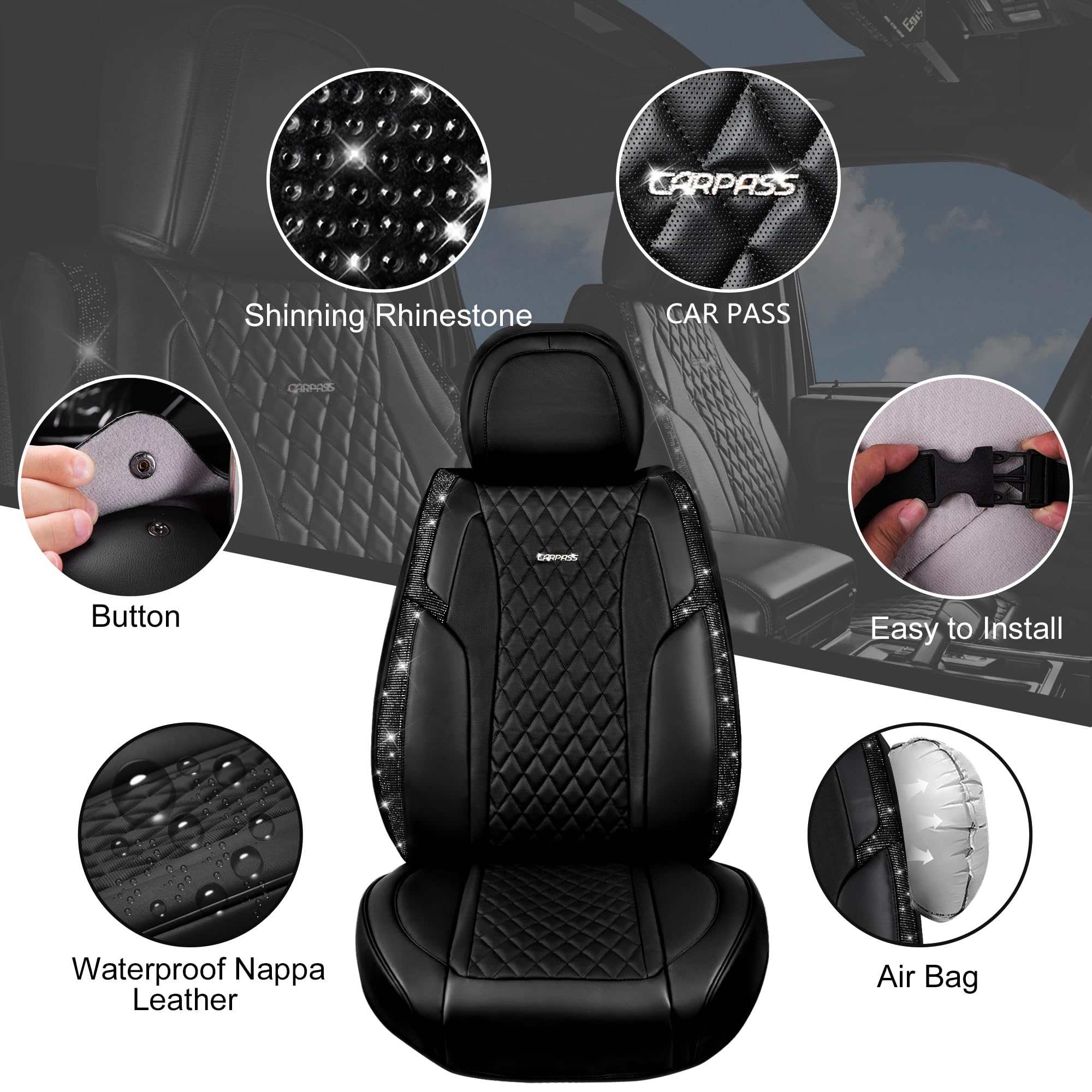 Car Pass Black Diamond Nappa Leather Cushioned 1 Pair Bling Seat Covers Front Only,Waterproof Heavy-Duty Anti-Slip,Universal Fit