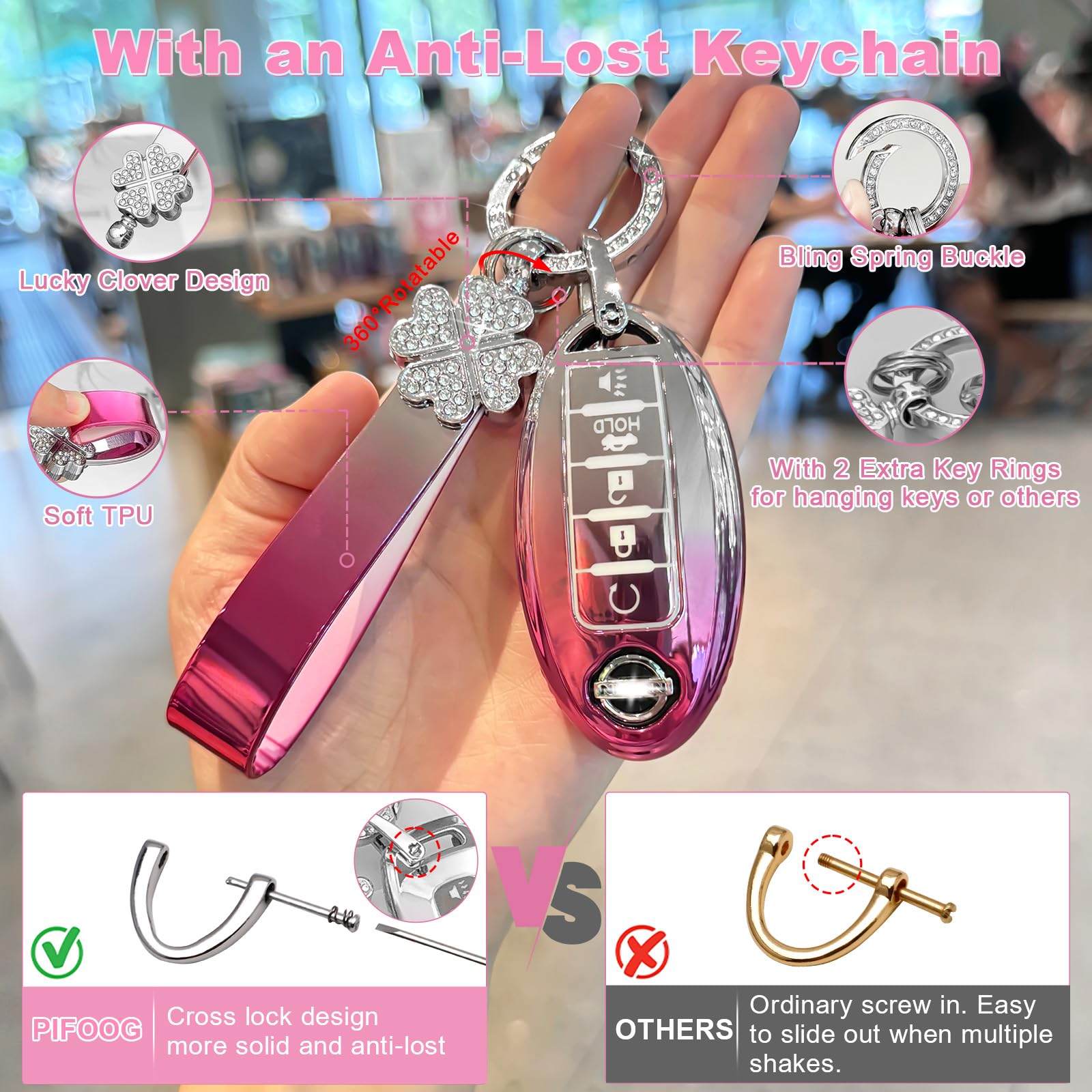 Pifoog Key Fob Cover For Nissan 5 Button Pink Girly Car Keys Case Shell Bling Keychain Full Covers Protector Accessories For Alt