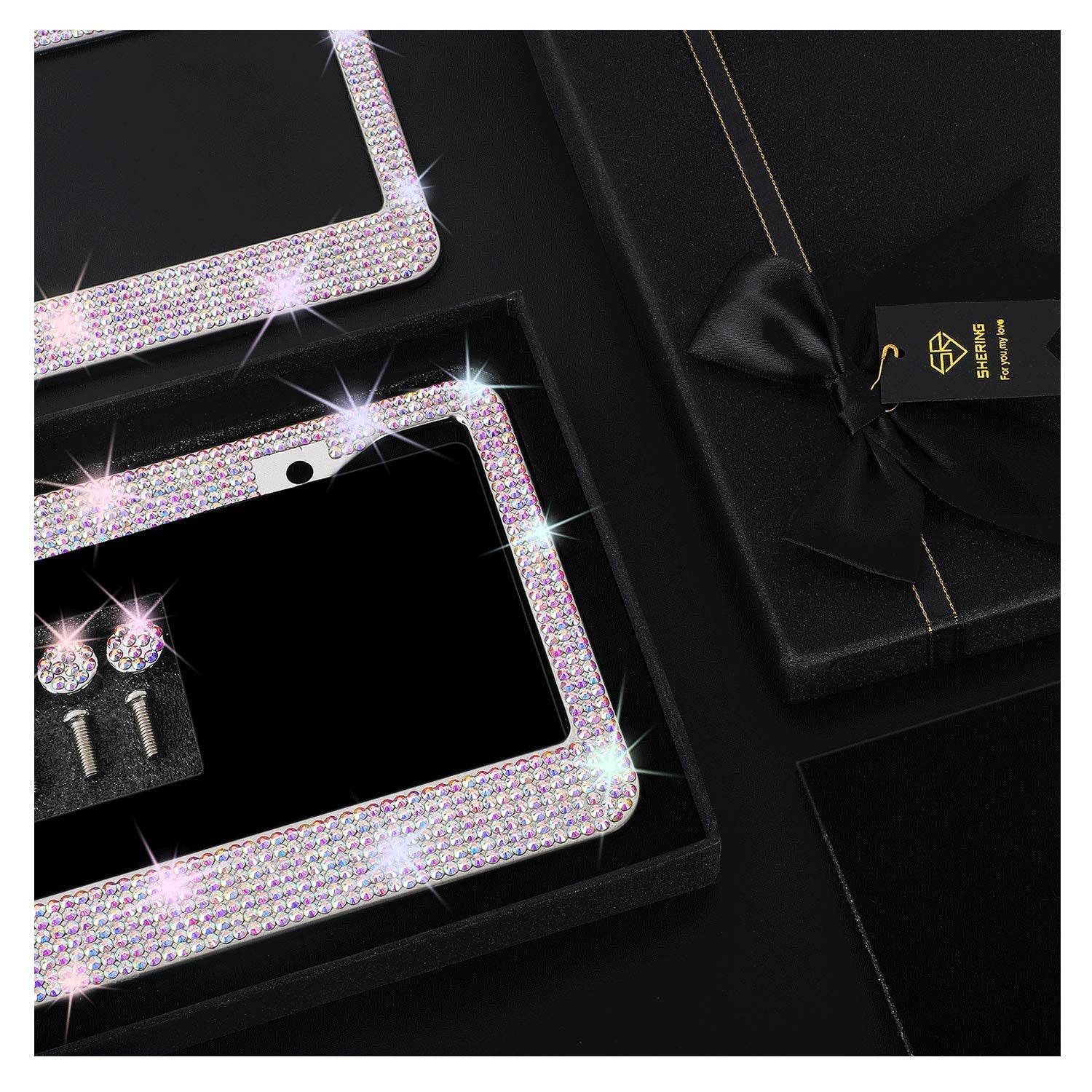 Shering Bling License Plate Frame, 2 Pack Frame With Premium Gift Box For Women,Rhinestone Frames 1200Pcs Rhinestones(Colorful R