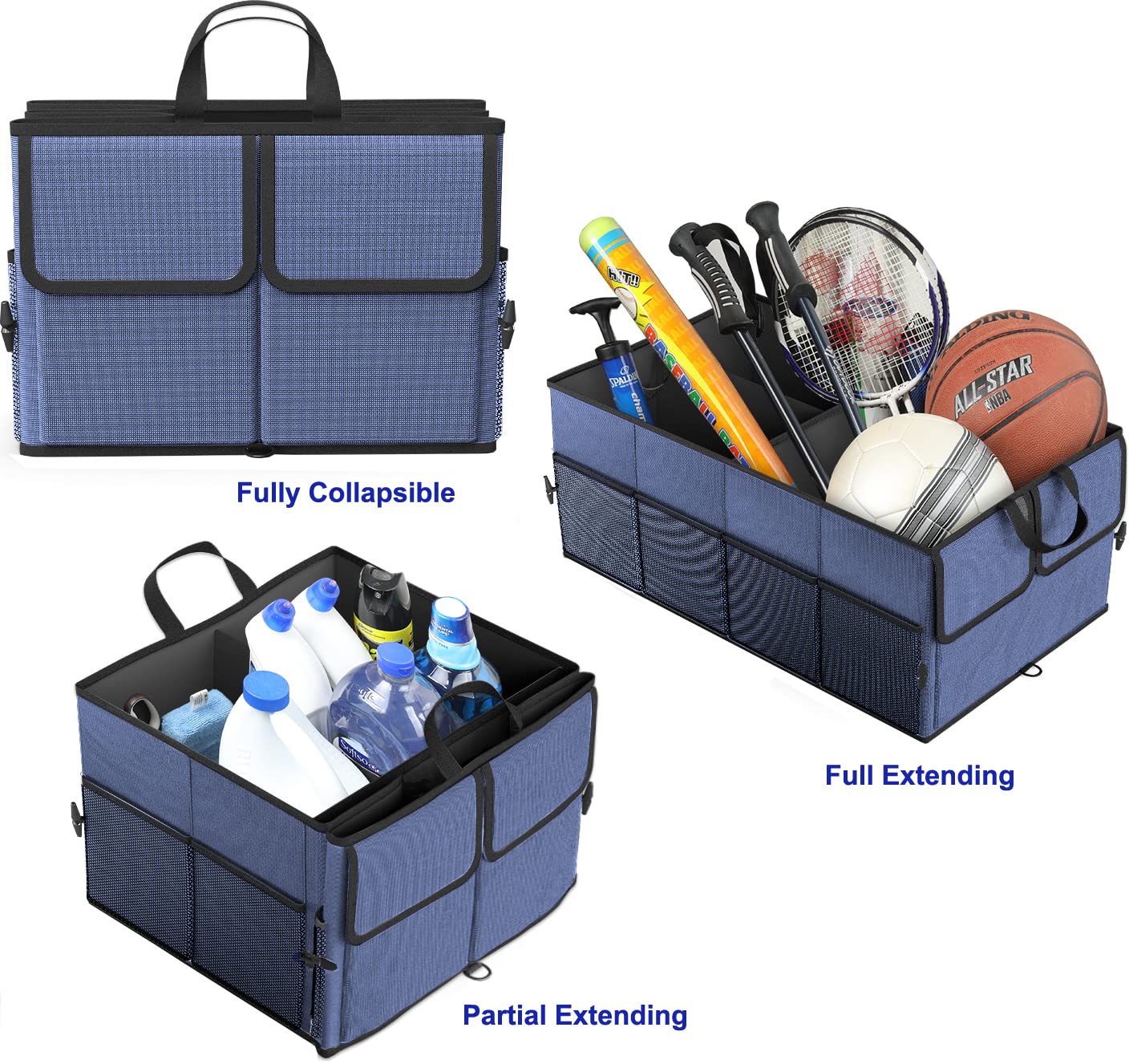 Epauto Foldable Car Trunk Organizer, 3-Compartment With Removable Divider, Blue