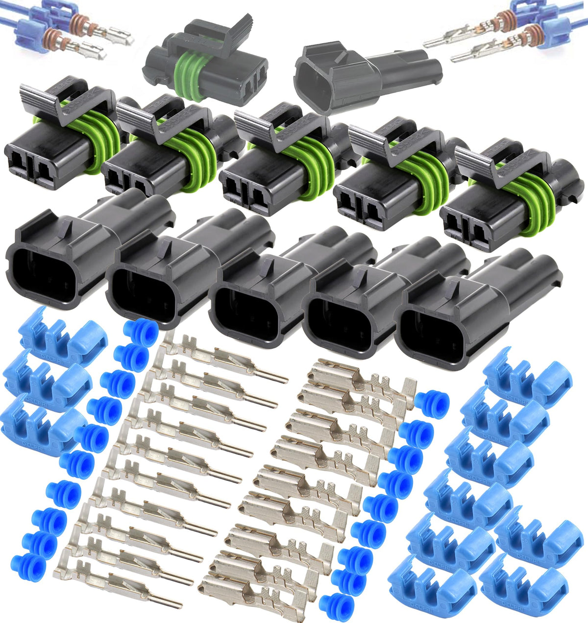 5-Pack (2-Pin) 30Amp Metri-Pack Waterproof Connector Terminals And Seals 12-10Awg