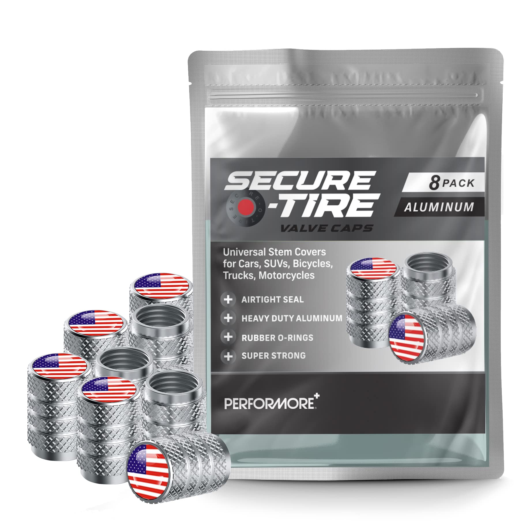 Performore 8 pcs Tire Valve Caps - American Flag Valve Stem Caps - Bike Stem Cap - Tire Valve Cover for Cars, SUVs, Bikes, Bicyc
