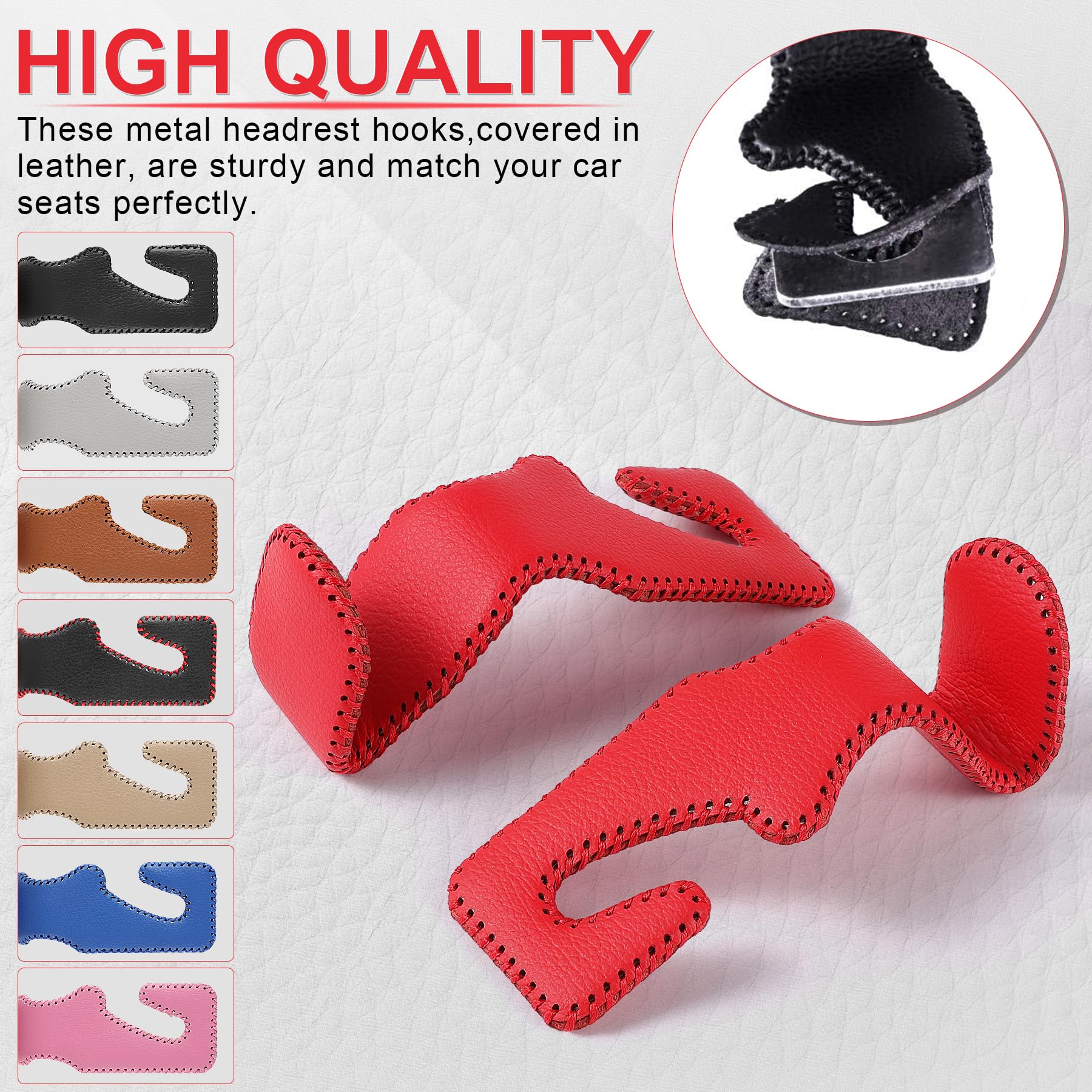 Livtee Red Superior Leather Car Seat Back Headrest Hook, Auto Seat Hook Hangers Interior Accessories For Purse Coats Umbrellas G