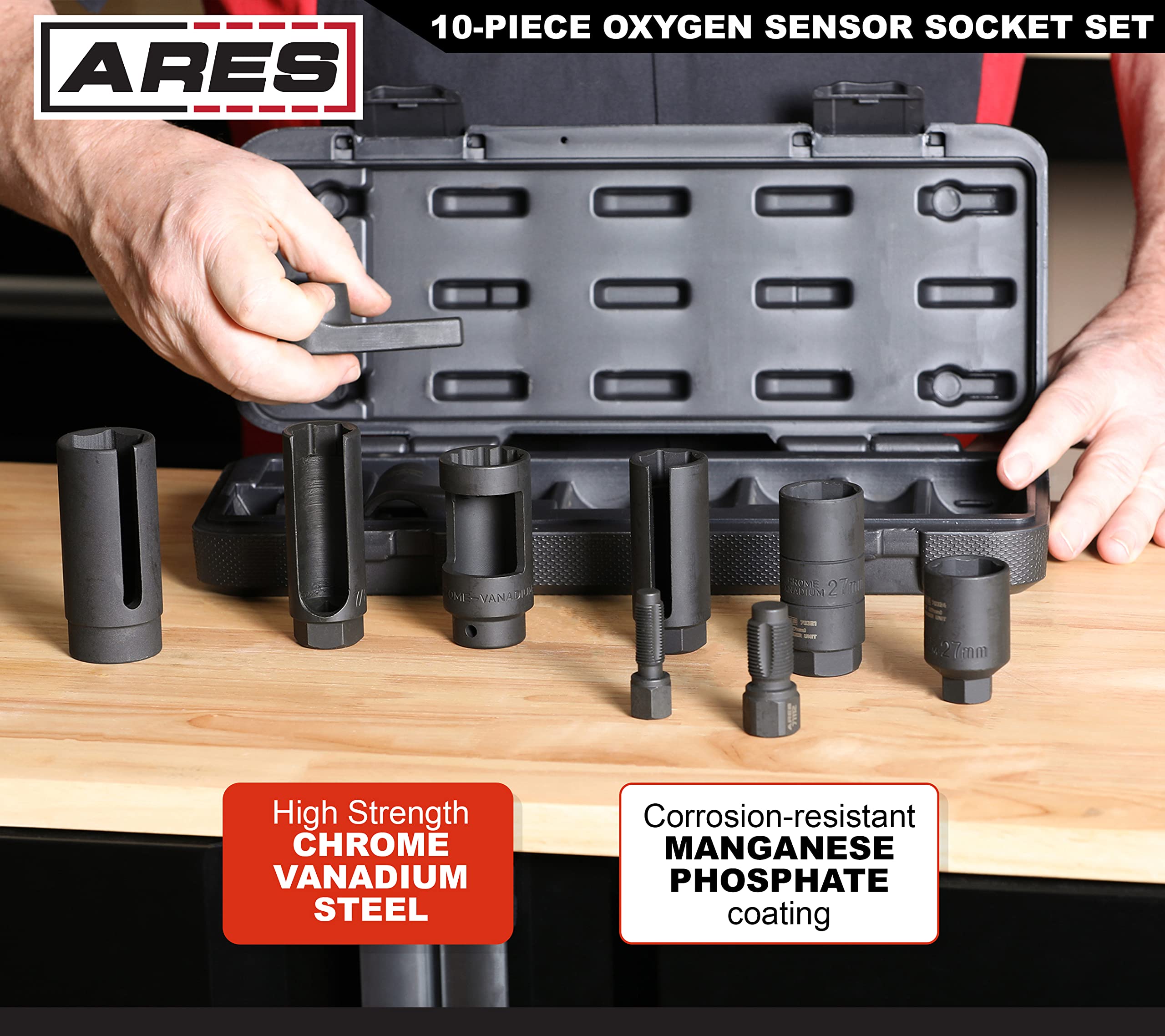 Ares 70318 10-Piece Oxygen Sensor Kit - Thread Chasers, Sockets For Oxygen Sensors, Injectors, & Oil Sending Units - Chrome Vana