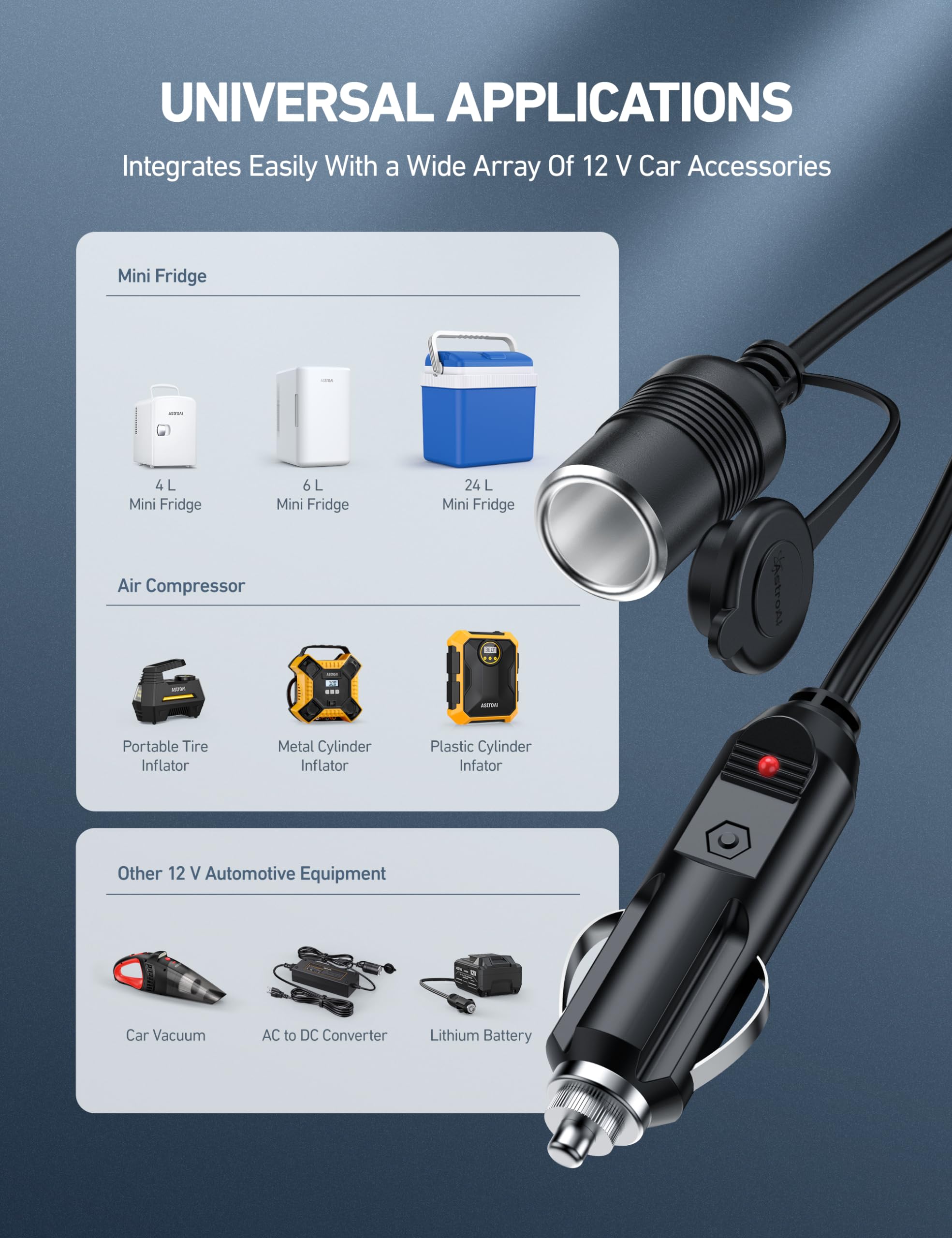 Astroai 12Ft/12V Cigarette Lighter Extension Cord, Male To Female Socket 120W/15A Heavy Duty Extension Cord, Compatible With Air