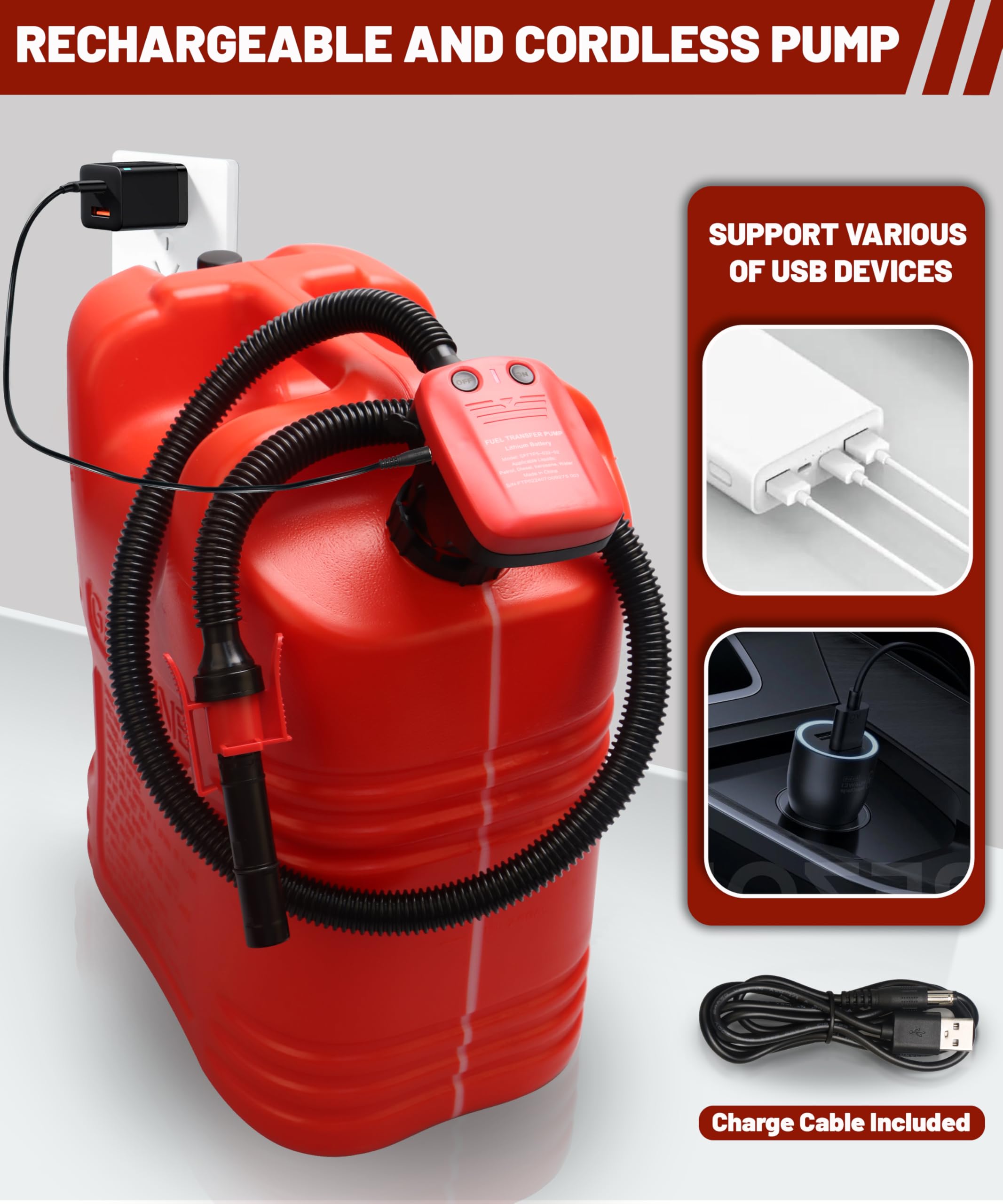 FUELIO Rechargeable Gas Can Pump - Electric Fuel Transfer Pump with Auto Shut Off Nozzle, Fix Clip, Extra Long Hose, 3 Adapters,