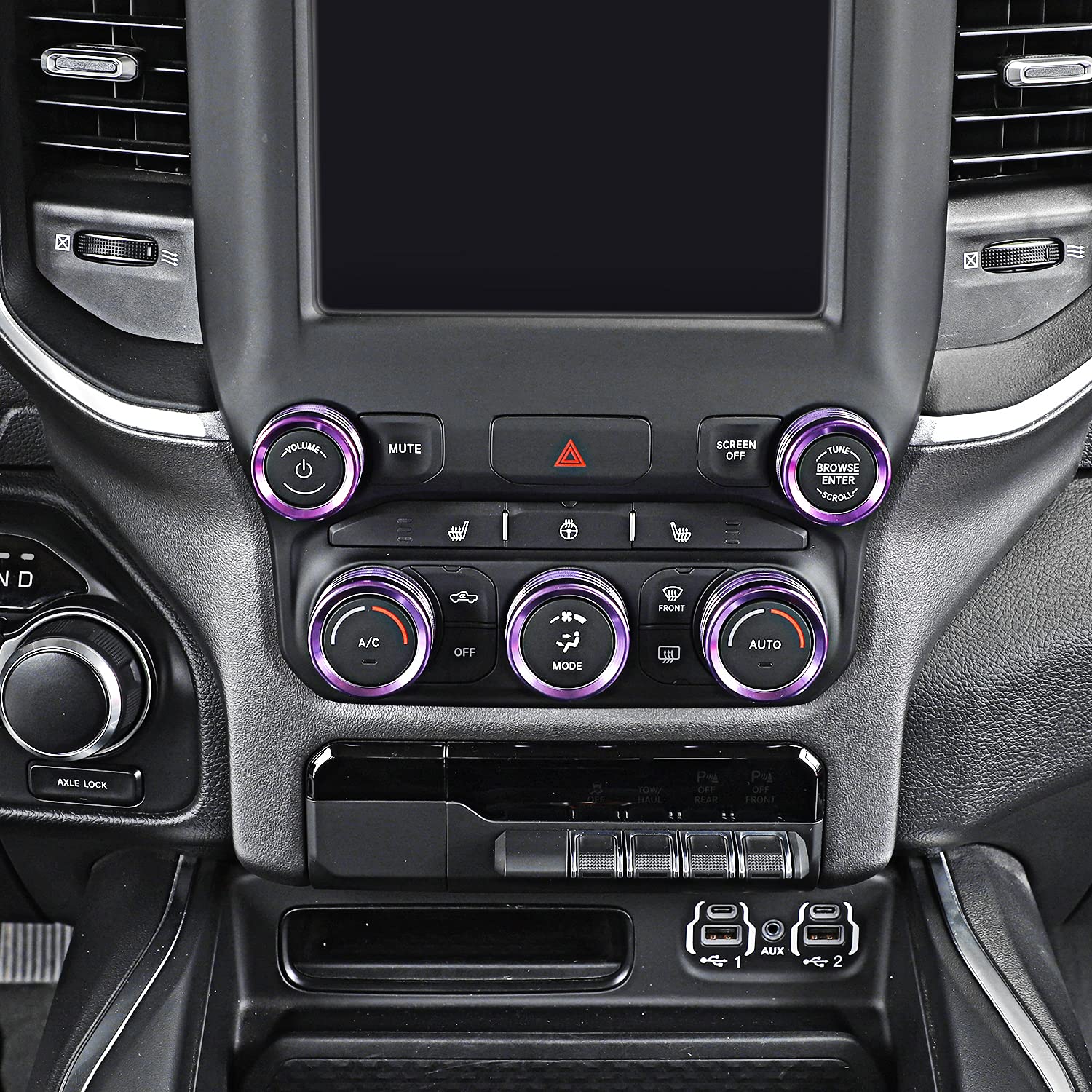 Voodonala for Dodge RAM Aluminum Center Console AC Radio Switch Knob Cover for 2018-2025+1 RAM Interior Accessories, 5pcs Purple