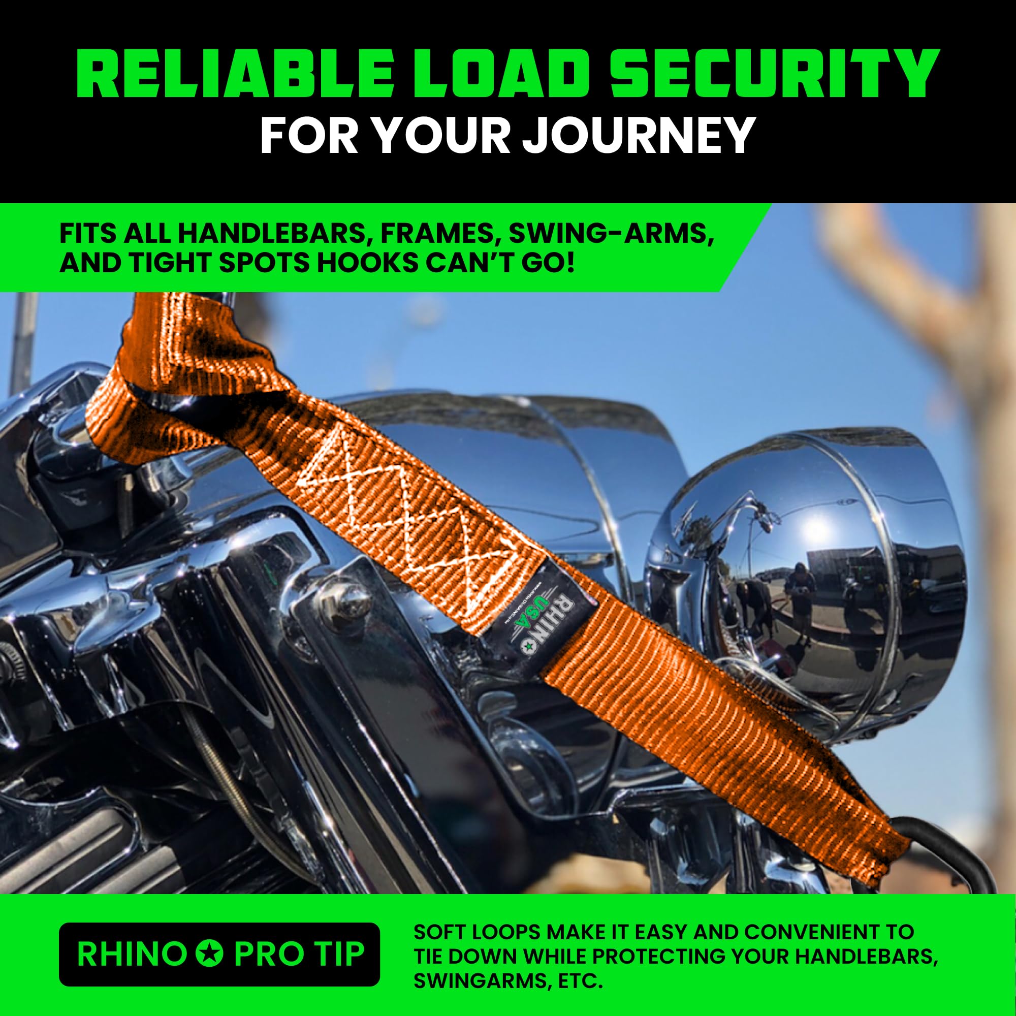 Rhino USA Soft Loop Tie Down Straps (4-Pack) - 1.6 Inch x 17 Inch (5,000lbs Break Strength) Heavy Duty Motorcycle Straps for use With Ratchet Straps - Handlebar Straps for ATV, UTV, Dirt Bike (Orange)