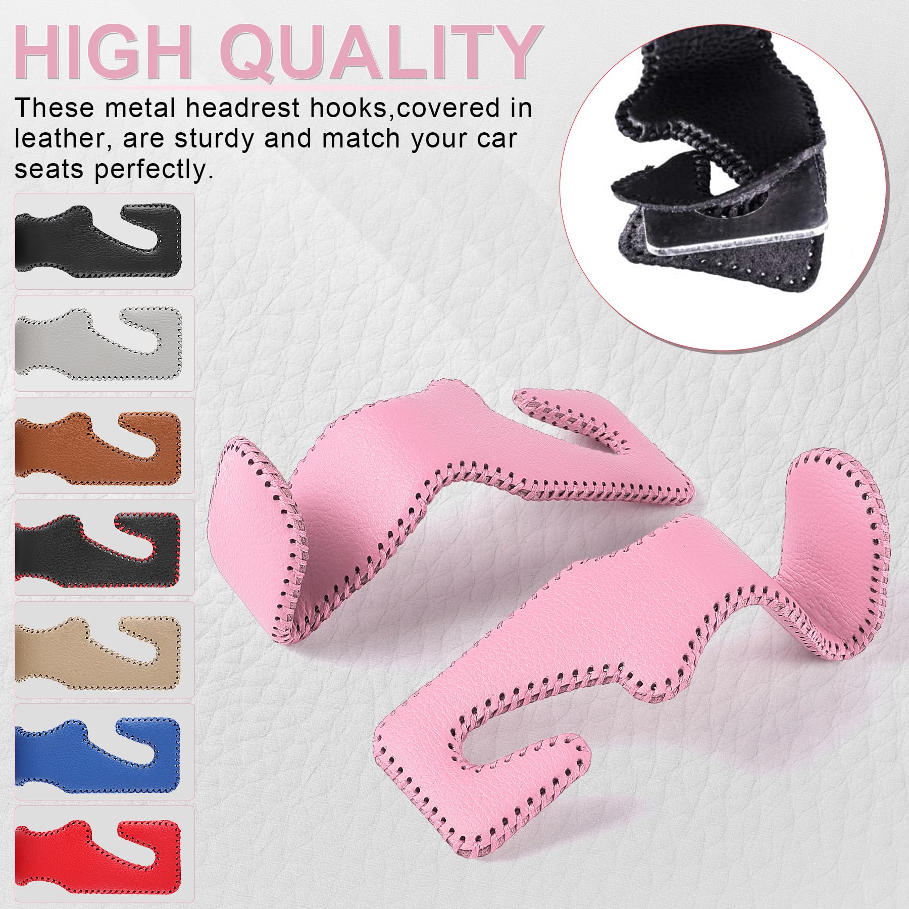 Livtee Headrest Hook For Car, Back Seat Organizer Pink Leather Hanger Holder Hook, Interior Car Accessories For Hanging Purses B