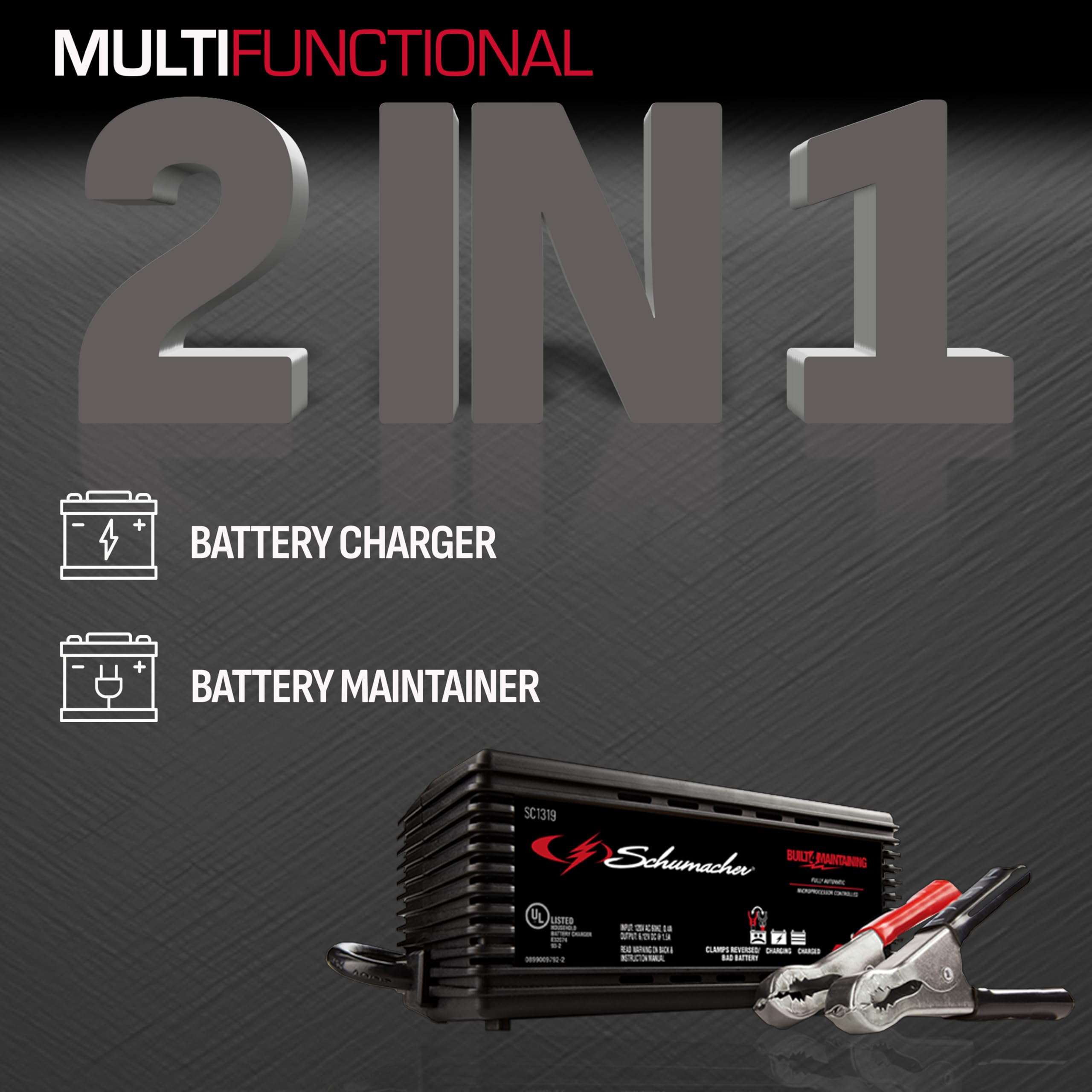 Schumacher Electric Battery Charger and Maintainer, 2-in-1, SC1319 - Fully Automatic, 1.5 Amp, 6 Volt and 12 Volt for Car, Power