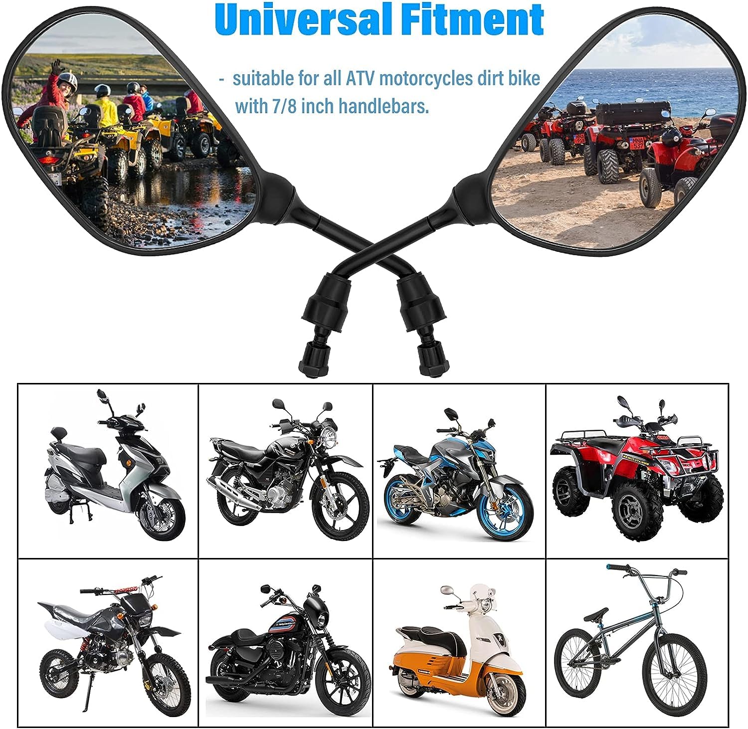Motobiker Atv Mirrors Motorcycle Mirrors,360 Degrees Ball-Type Adjustment,7/8'' Handlebar Mount,8Mm 10Mm Threaded Bolt Compatibl