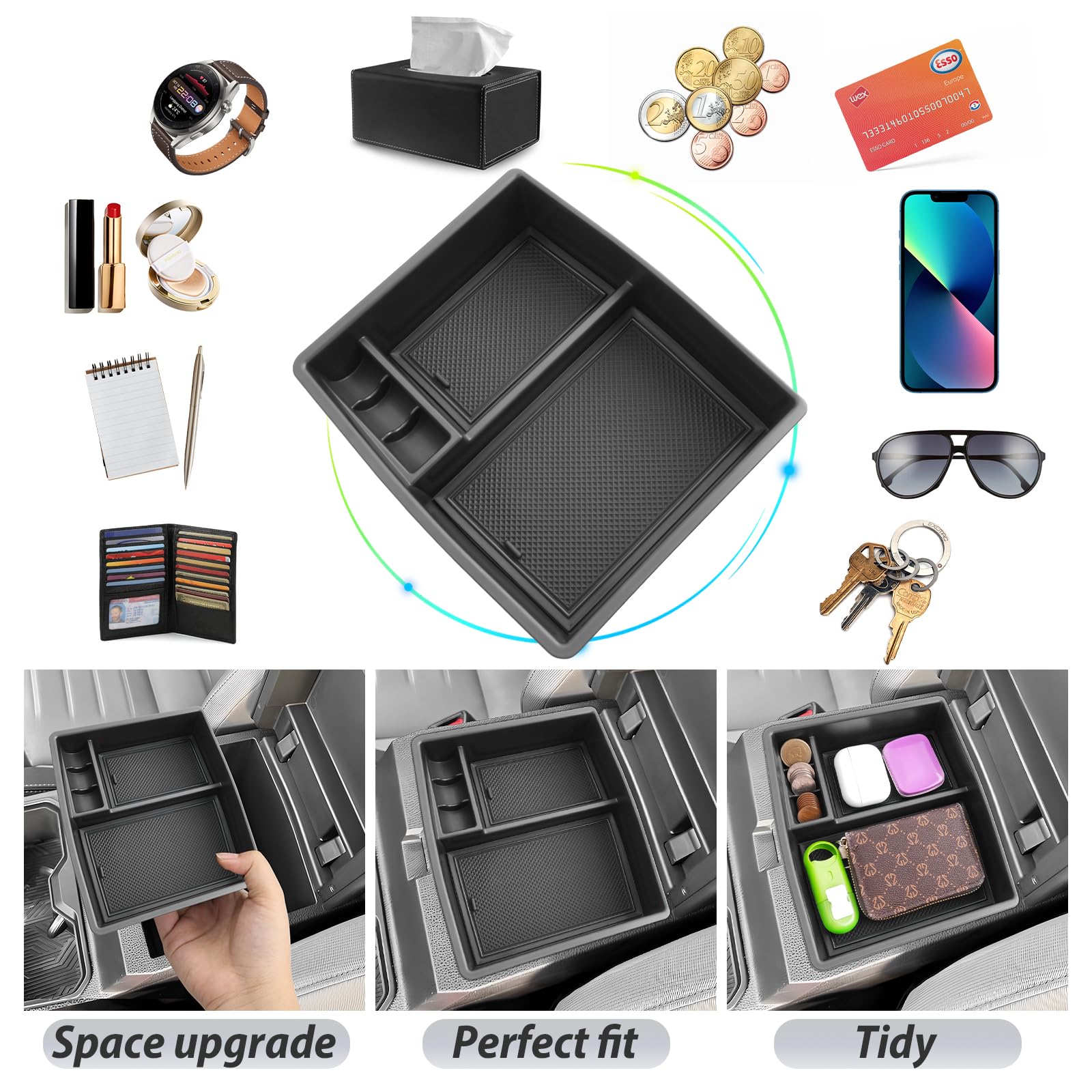 Sktu For 2024 2025 Toyota Tacoma Center Console Organizer 2024 2025 Tacoma (Sr/Sr5/Trd/Limited/Trailhunter/Trd Pro) Console Tray Toyota Tacoma 2024 2025 Accessories With Coin Holder (Black)