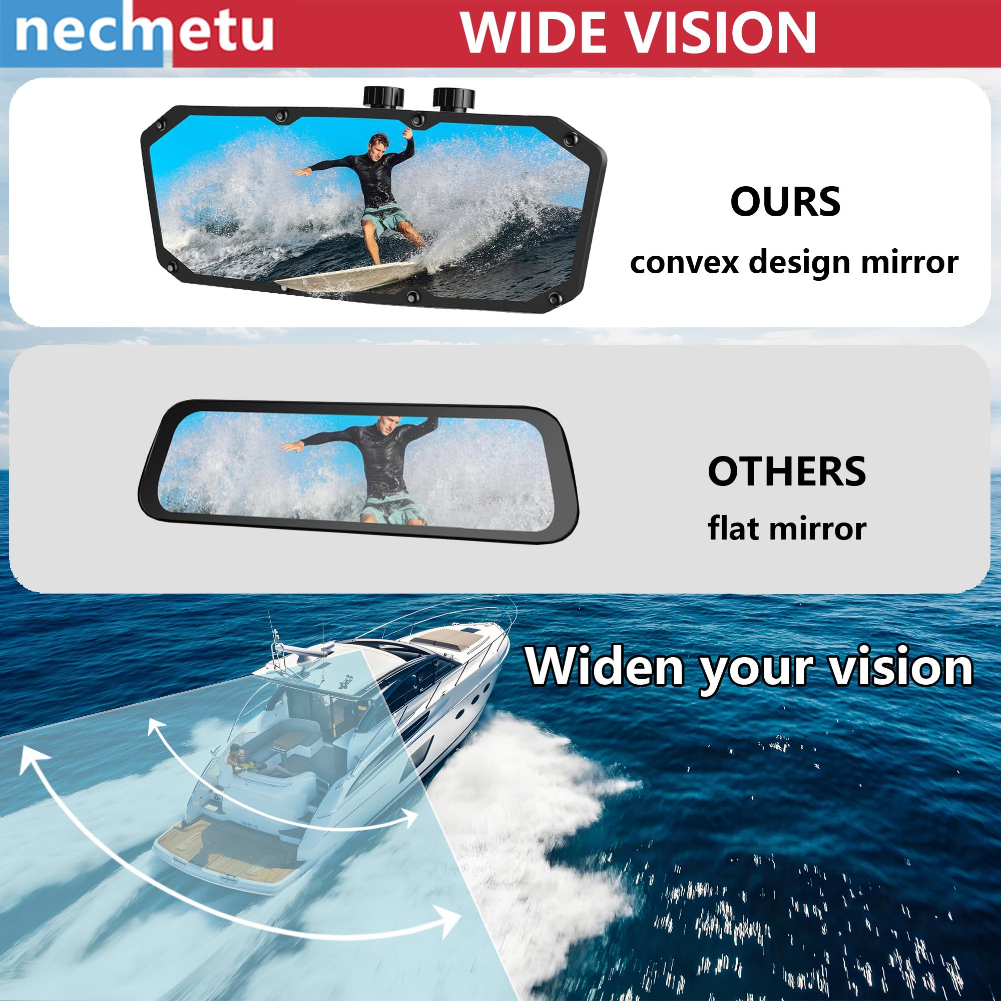 Boat Rear View Mirror 4.2x11,Universal Wide-Angle Convex Rear View Mirror for circular and square tubes, for Ski Boat Pontoo