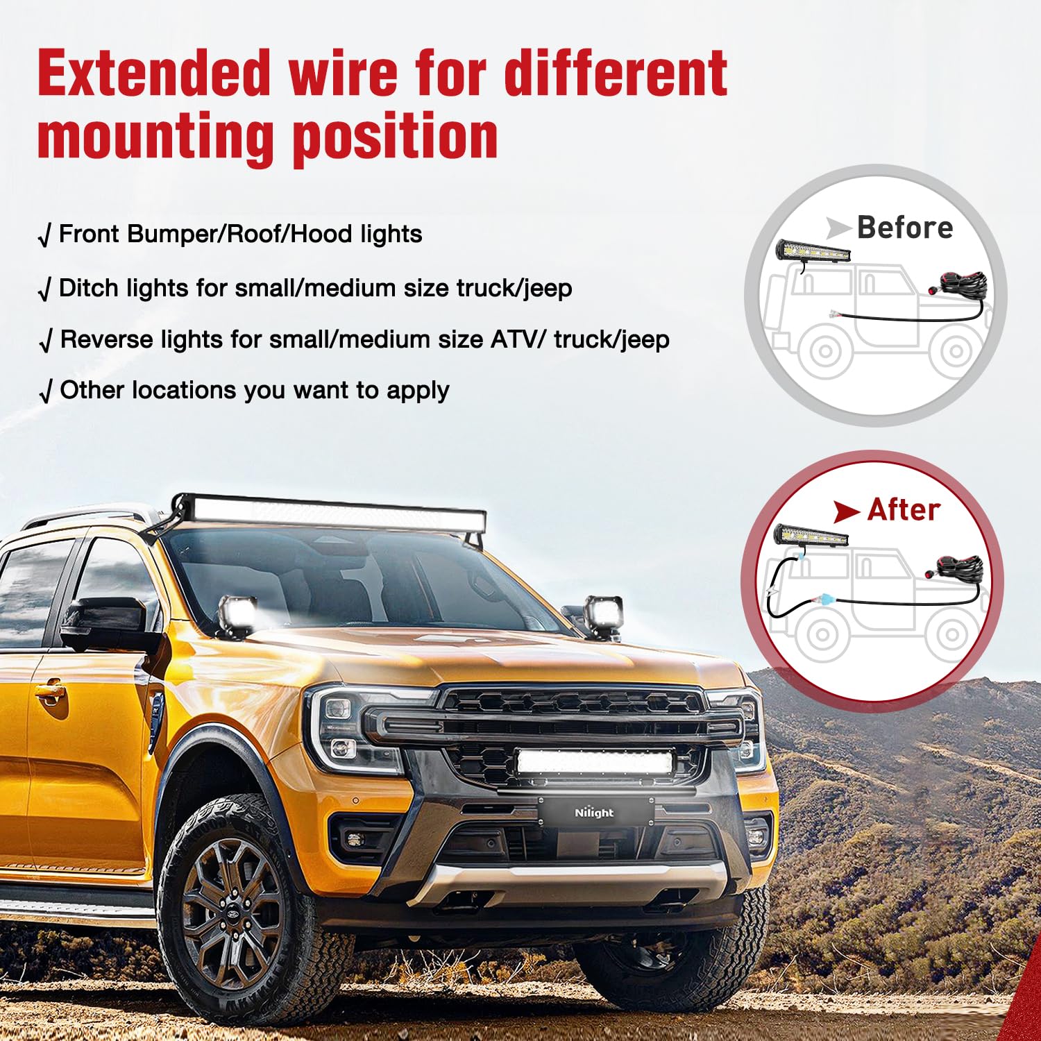 Nilight Led Light Bar Wiring Harness 2Pcs 12 Awg Extension Kit 10 Feet For Led Work Light Bar Led Pods Off Road Lights Driving F