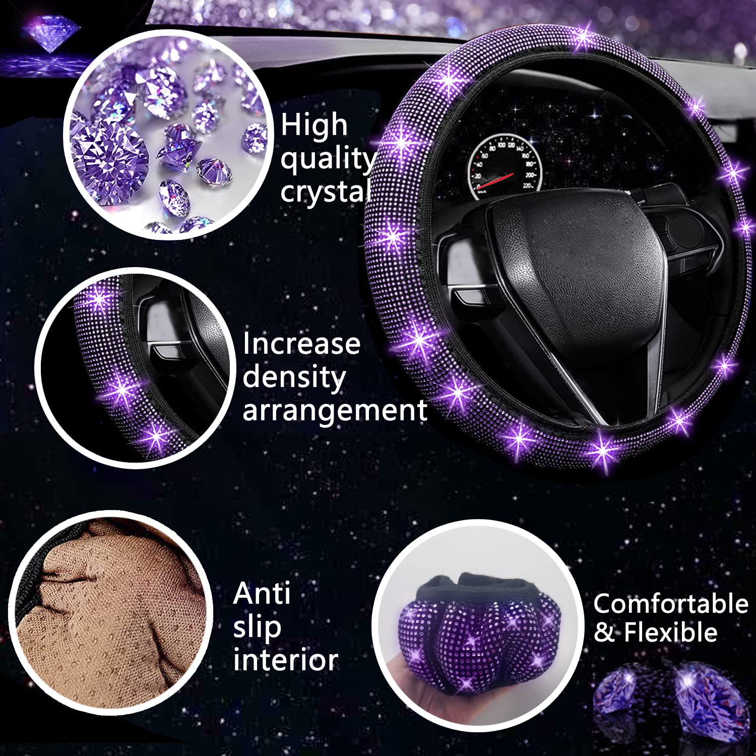 Nbtepem 27 Pcs Purple Violet Bling Car Accessories Set For Women, Bling Steering Wheel Covers Universal Fit 15 Inch, Bling Licen