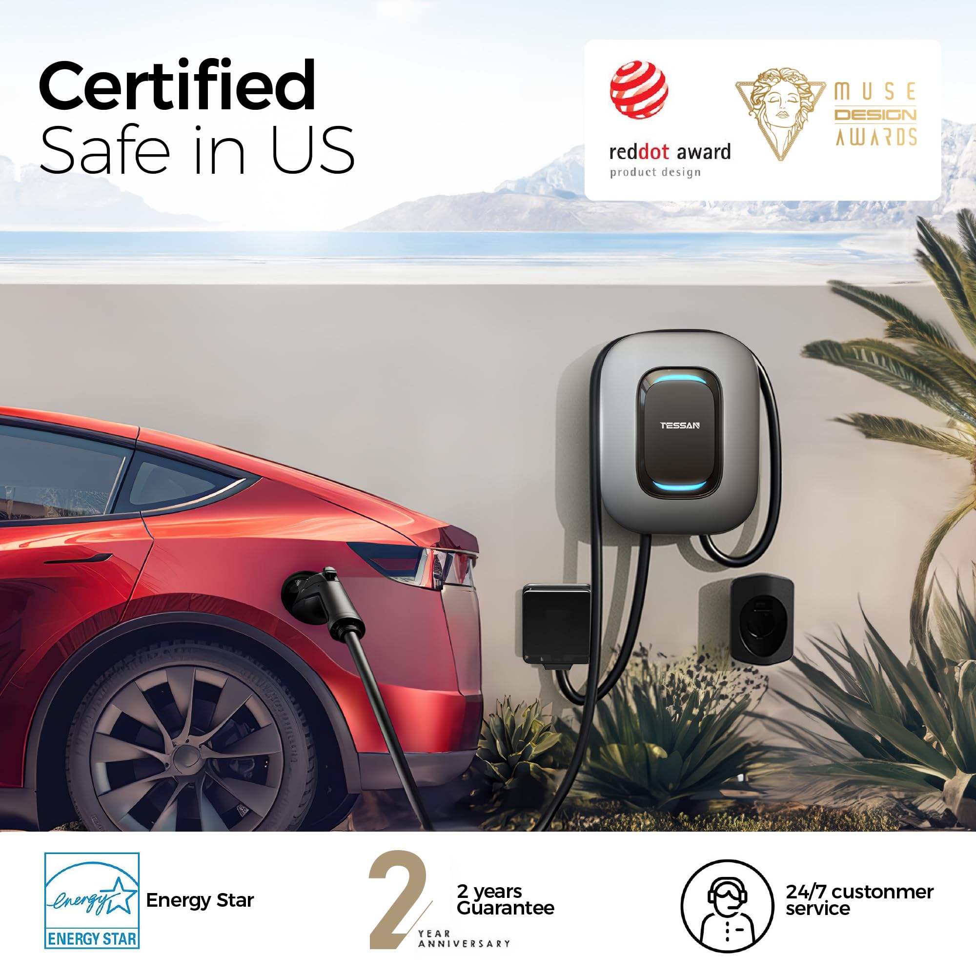 TESSAN EV Charger Level 2, 40A/240V Wall Mount Electric Vehicle Charing Station, Smart EV Chargers Equipment App Control Wi-Fi (