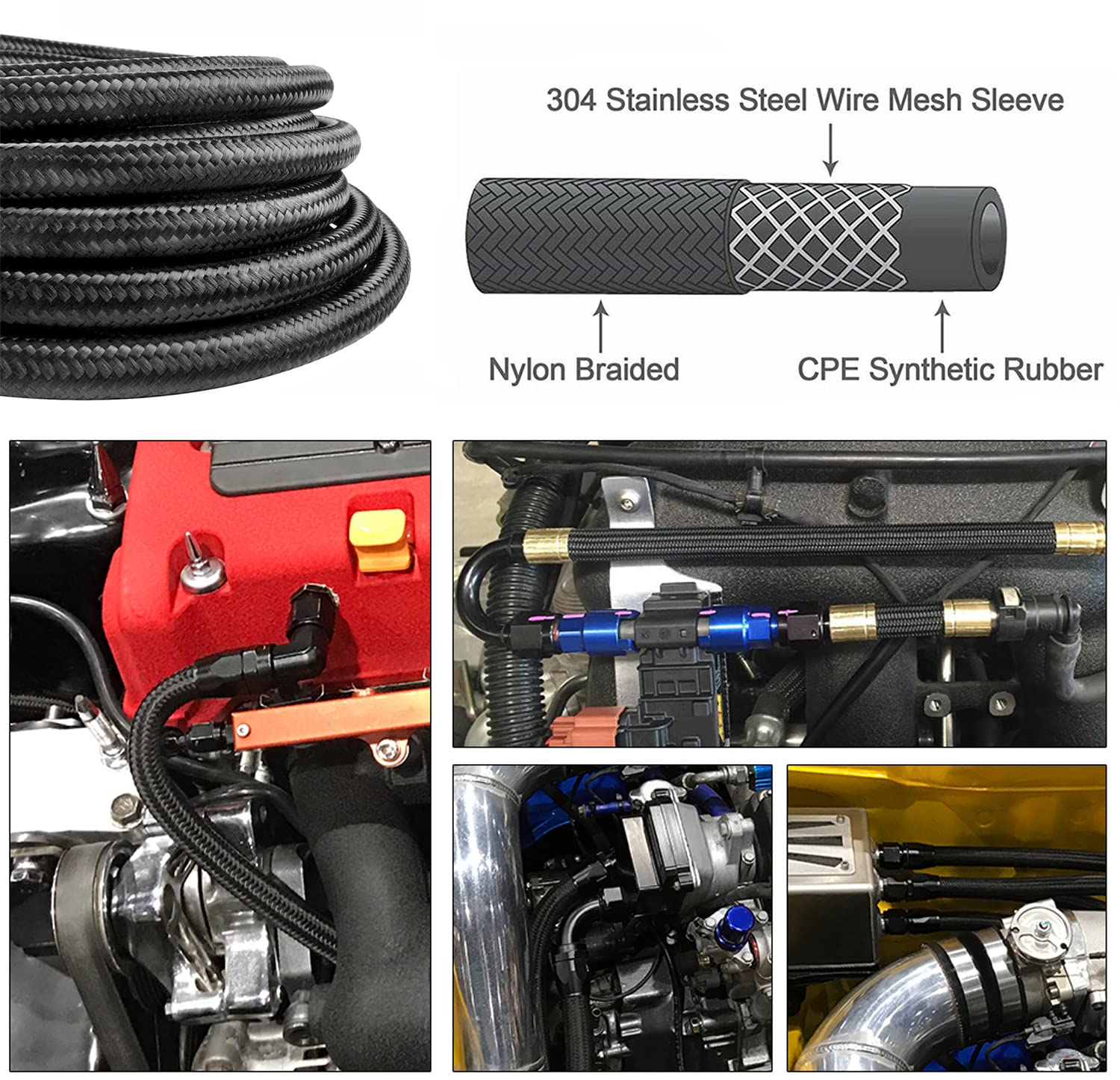 10An 5Feet Stainless Steel Nylon Braided Fuel Line Hose Oil Gas Hose Oil Line Hose Black