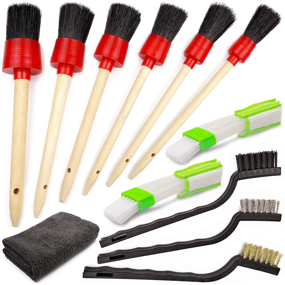 Takavu Car Detailing Brushes Set, 6Pcs Detail Brushes, 3Pcs Wire Brush, 2Pcs Air Conditioner Brush And Microfiber Cloth For Clea