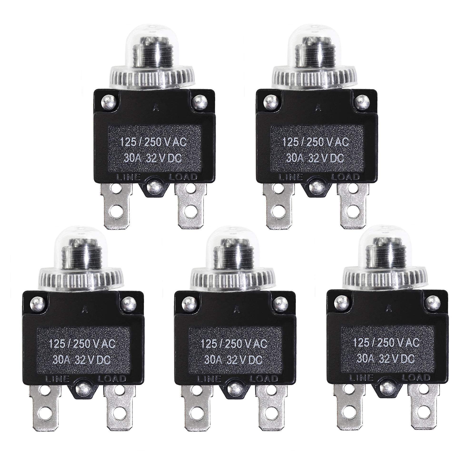 Fuzbaxy 5Pcs 30Amp Circuit Breakers With Manual Reset 32Vdc,Ac125-250V With Quick Connect Terminals