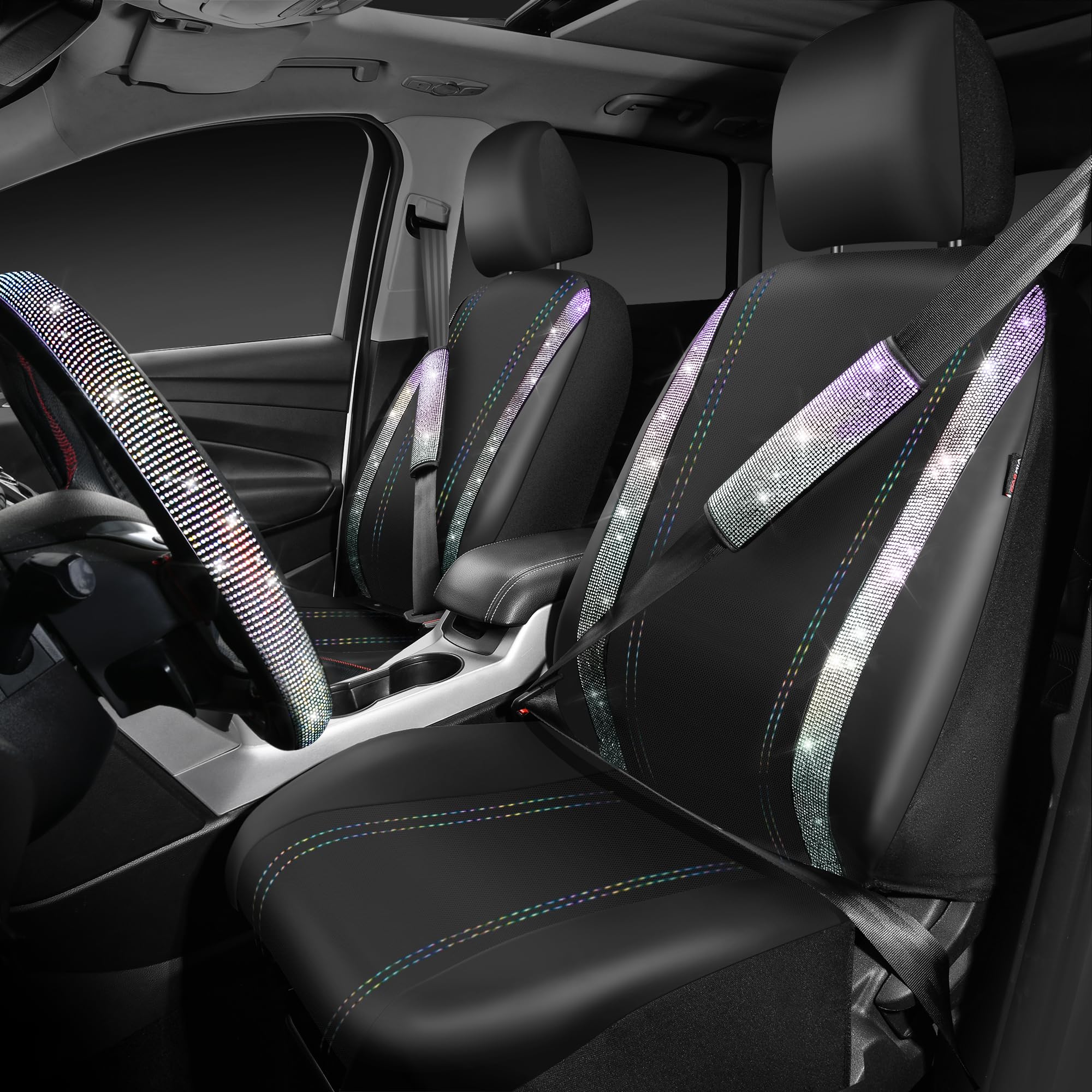 Car Pass Leather Diamond Bling Seat Covers Sets 12Pcs Bling Car Accessories Set For Women, Sparkly Rhinestone Steering Wheel Cov