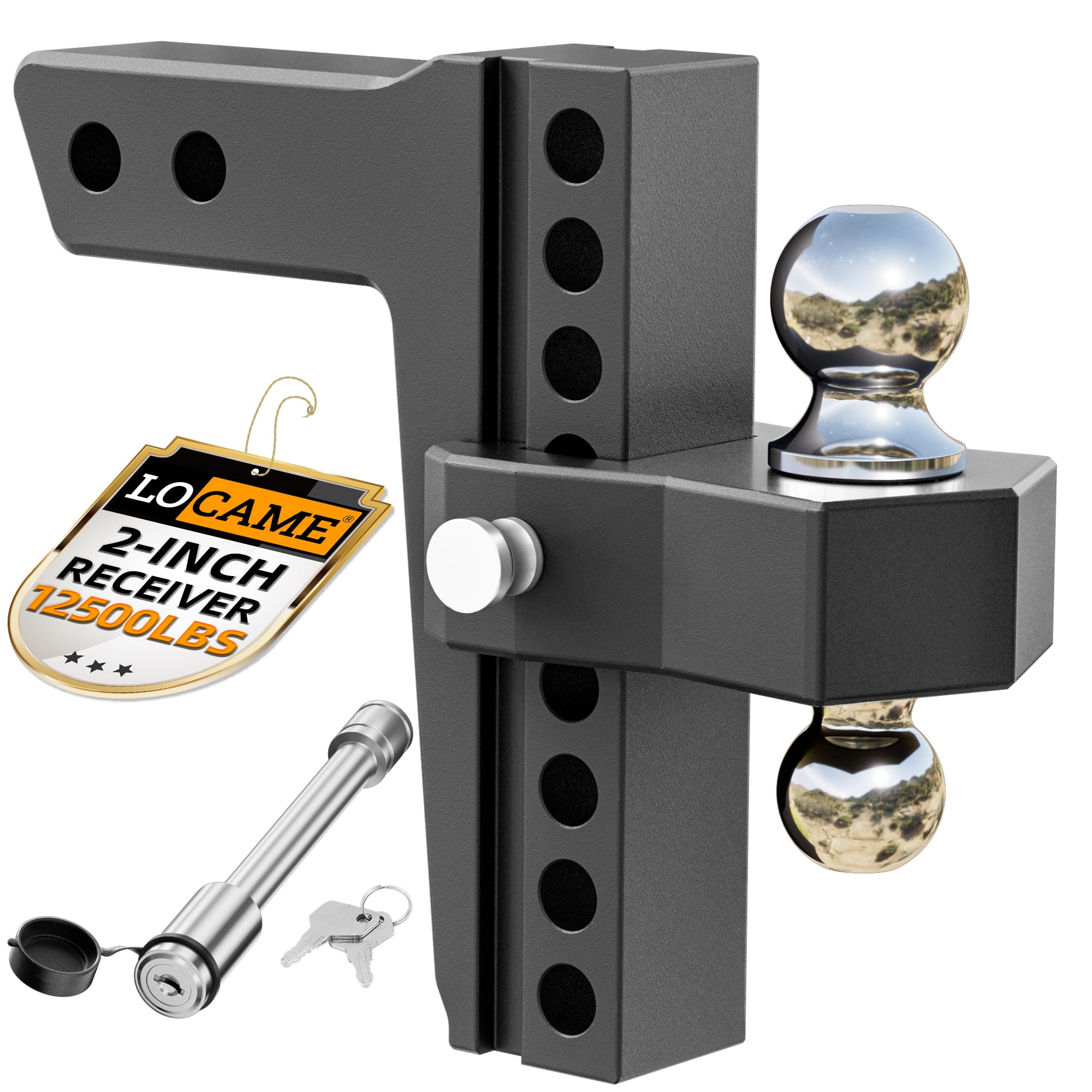 Locame Adjustable Trailer Hitch, Fits 2-Inch Receiver, 8-Inch Drop/Rise Aluminum Drop Hitch,12,500 Lbs Gtw-Tow Hitch For Heavy Duty Truck With Double Stainless Steel Locks, Black, Lc0018
