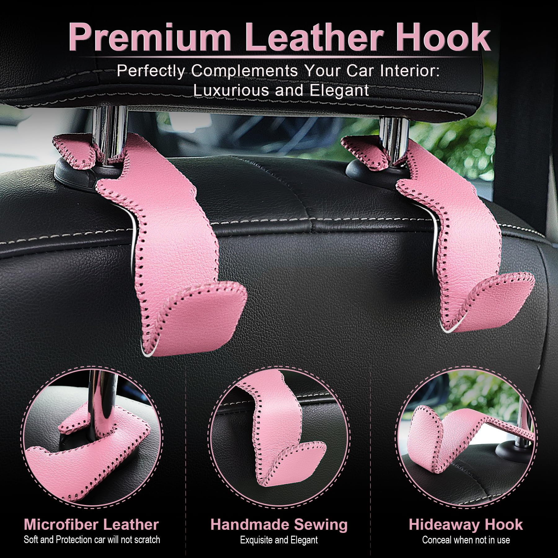 Livtee Headrest Hook For Car, Back Seat Organizer Pink Leather Hanger Holder Hook, Interior Car Accessories For Hanging Purses B