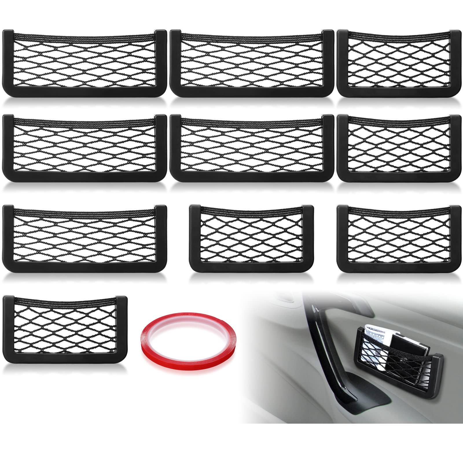 10 Pcs 2 Sizes Car Pocket Phone Nets, Universal Seat Side Back Car Storage Net Bag With Double Sided Tape Mesh Phone Holder Organizer Automotive Net Interior Accessories Stick On For Purse Phone Bag