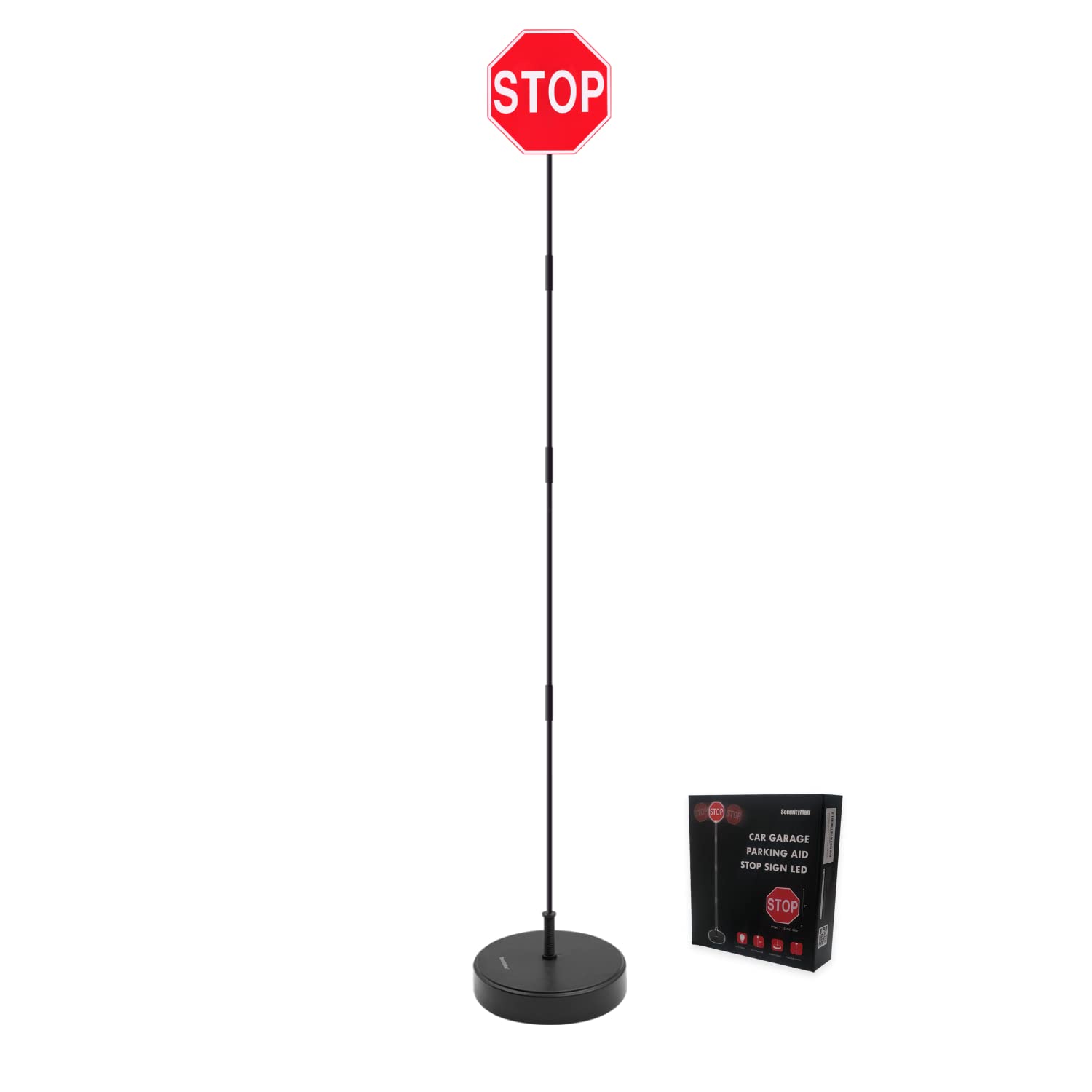 Securityman Led Stop Sign For Garage Parking Assist [Upgraded Base] - Large 7 Sign, Bright Red Leds, Adjustable Height - Garage Car Stop Indicator That Lights Up