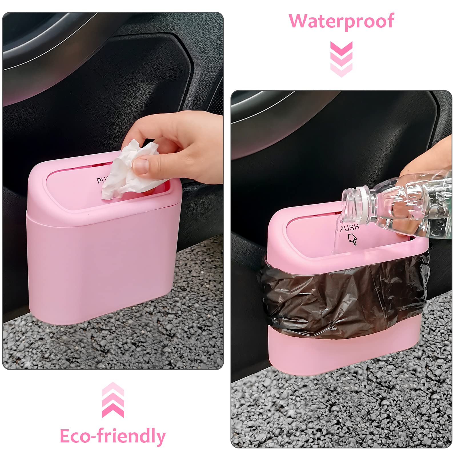 Accmor Car Trash Can With Lid, 2 Pack Pink Mini Vehicle Trash Bin Car Dustbin Garbage Organizer Holder With Trash Bag, Small Hanging Leakproof Auto Storage Bag Container For Car Suv Home Office