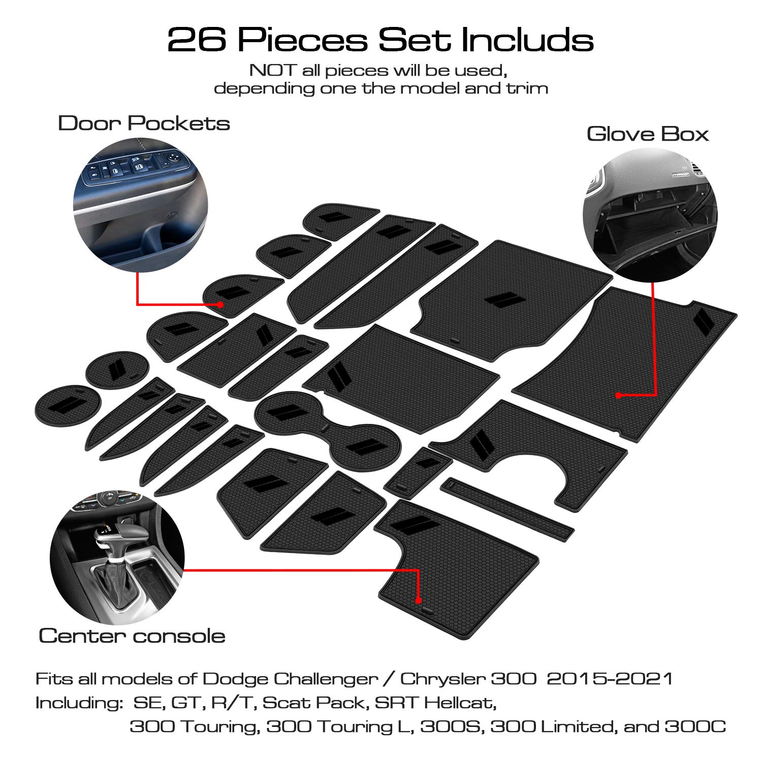 Remoch Fits Dodge Charger Accessories 2015-2023, Cup Holder Insert Center Console Shifter Liner Trim Interior Door Pocket Mats (