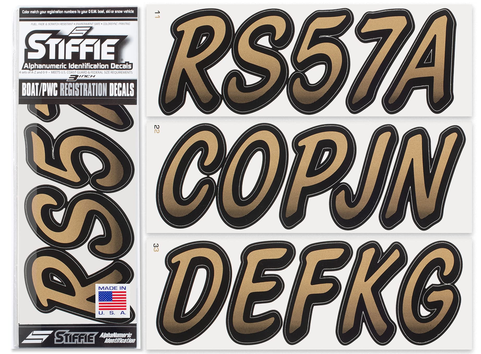 Stiffie Whipline Metallic Gold/Black 3 Alpha-Numeric Registration Identification Numbers Stickers Decals For Boats & Personal Watercraft
