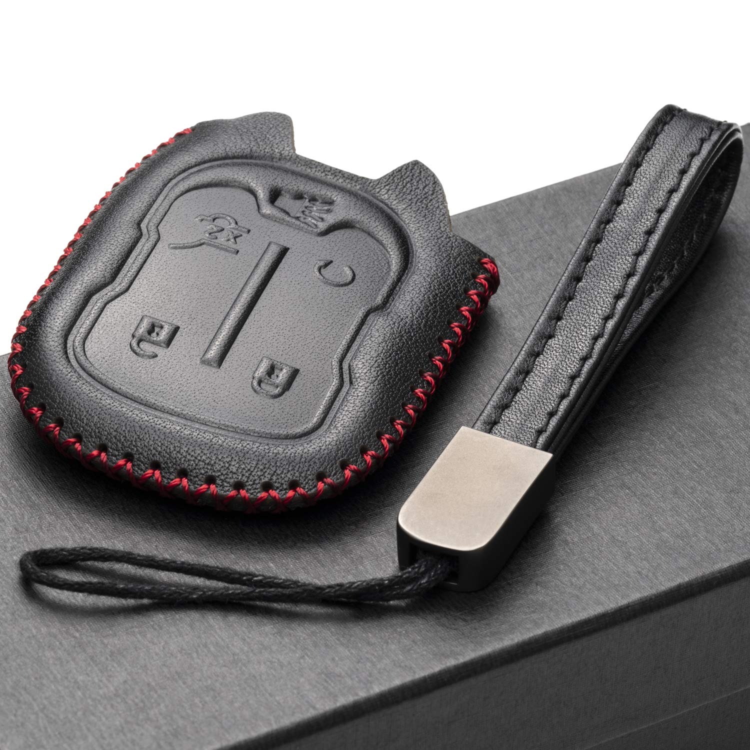 Vitodeco Genuine Leather Smart Key Fob Case, 5-Button, Black/Red, Compatible with GMC Acadia & Terrain 2017-2025, Model KC-ACADIA-L
