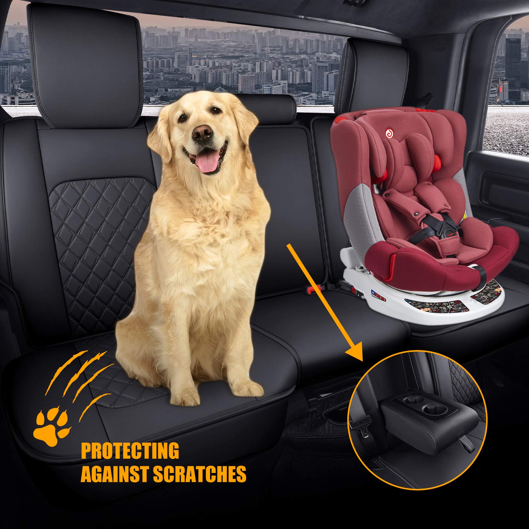 Aierxuan Dodge Ram Back Seat Covers Waterproof Leather Custom Fit 2009-2024 1500, 2010-2024 2500/3500 Crew Quad Regular Cab Pickup Cushions Compatible With Split Bench 40/60(Rear Seat/Black)