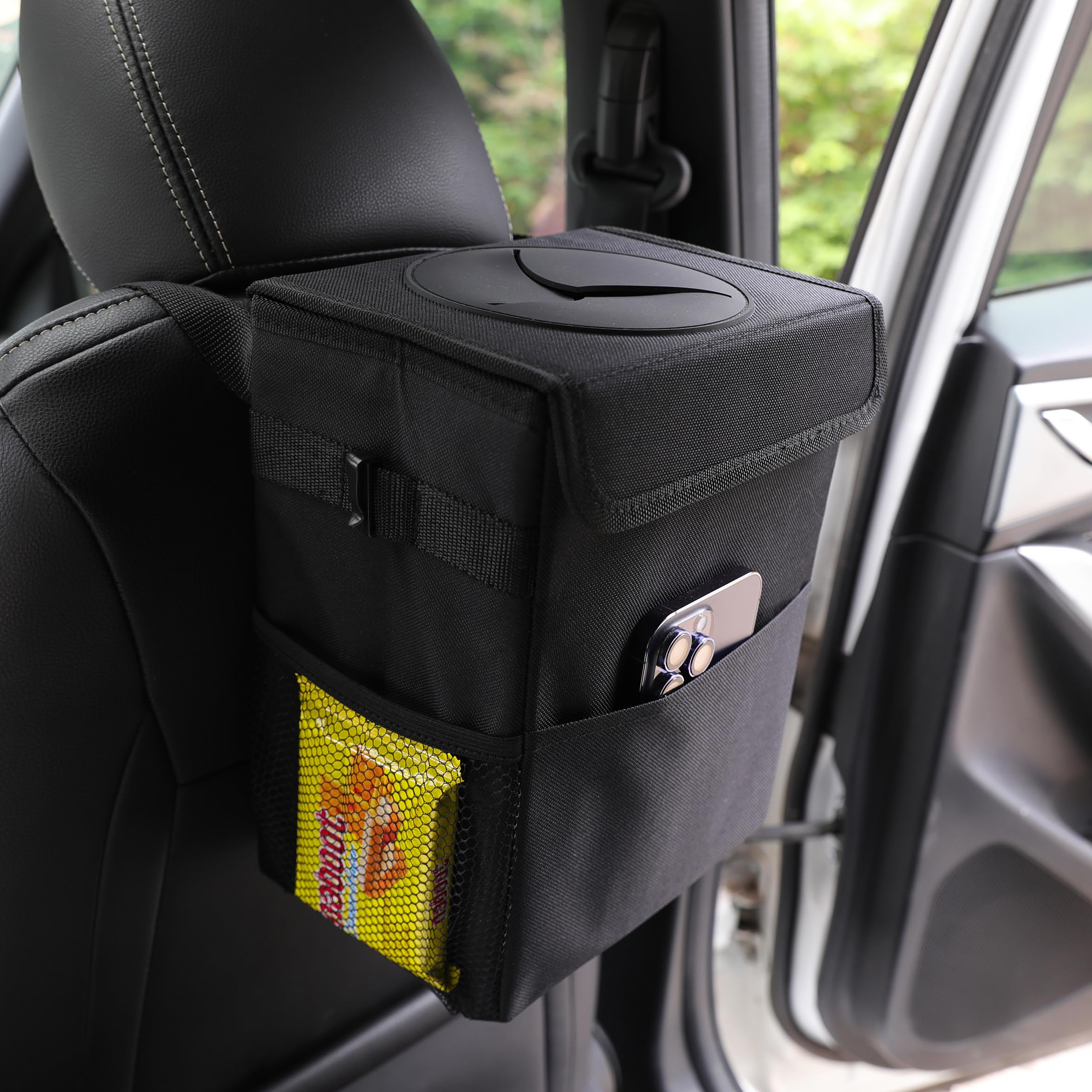 AOKJOY Car Garbage can with lid Leak Proof Vehicle Trash Can 3 Storage Pockets Hanging Waterproof car Trash Bag for SUV Black